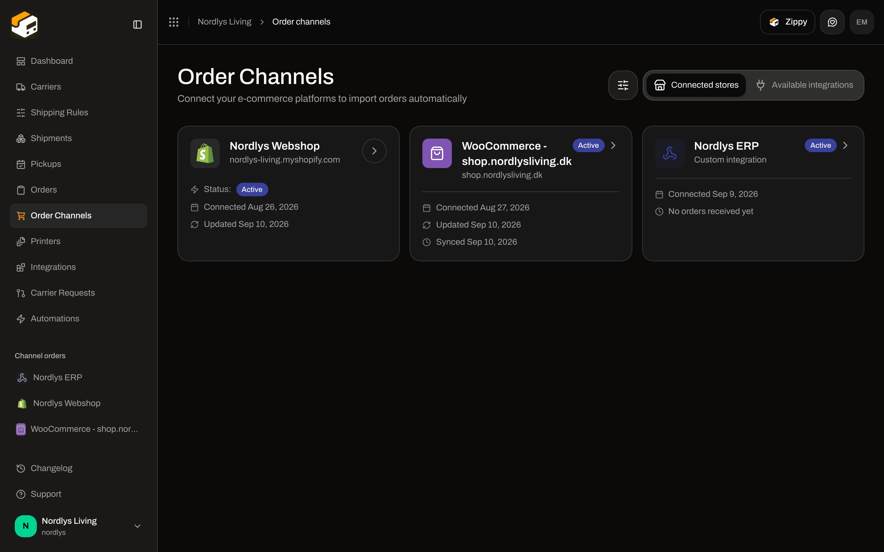 Connected stores tab with a WooCommerce card showing Active status, store hostname, Connected and Updated dates