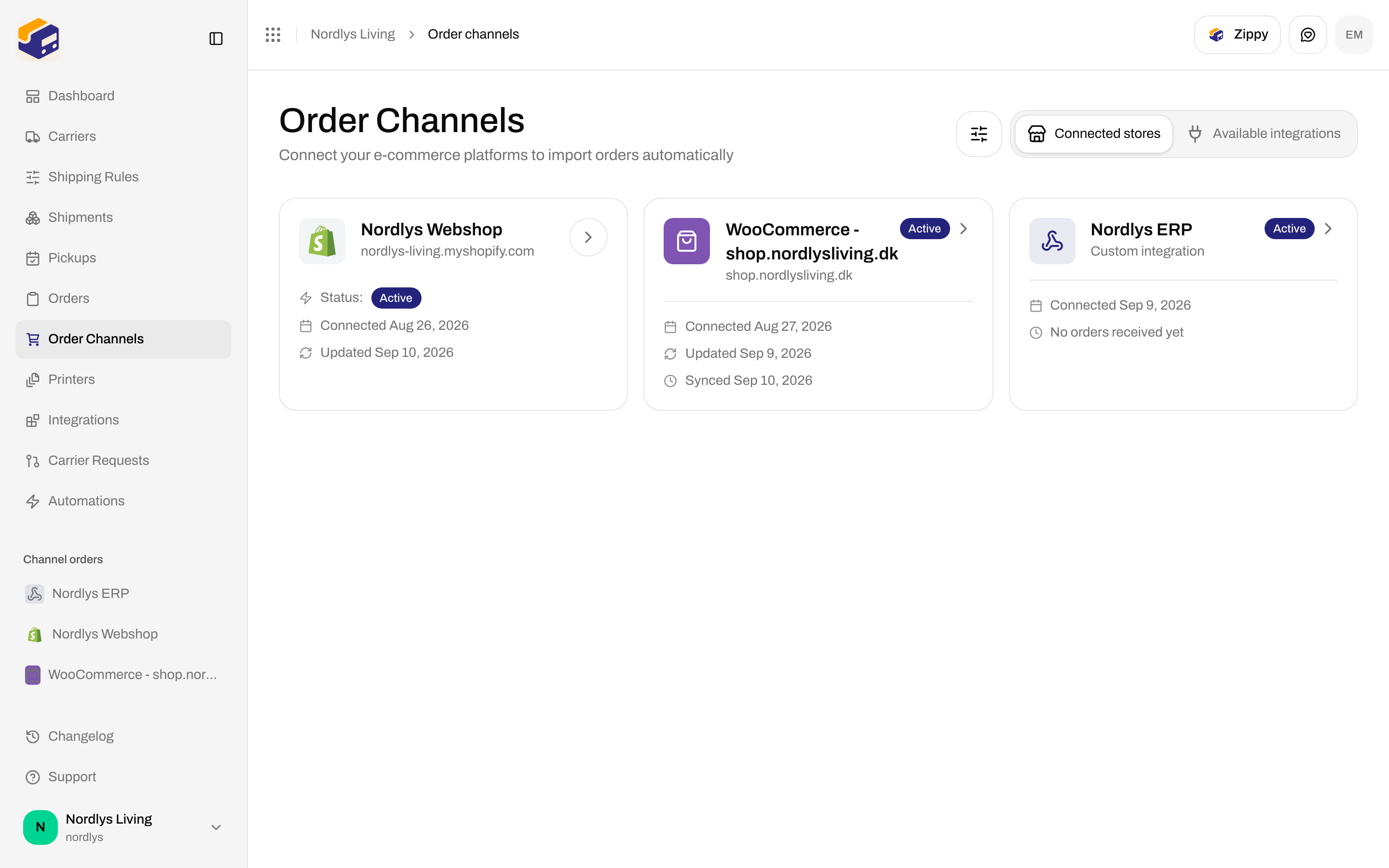 Connected stores tab with a WooCommerce card showing Active status, store hostname, Connected and Updated dates