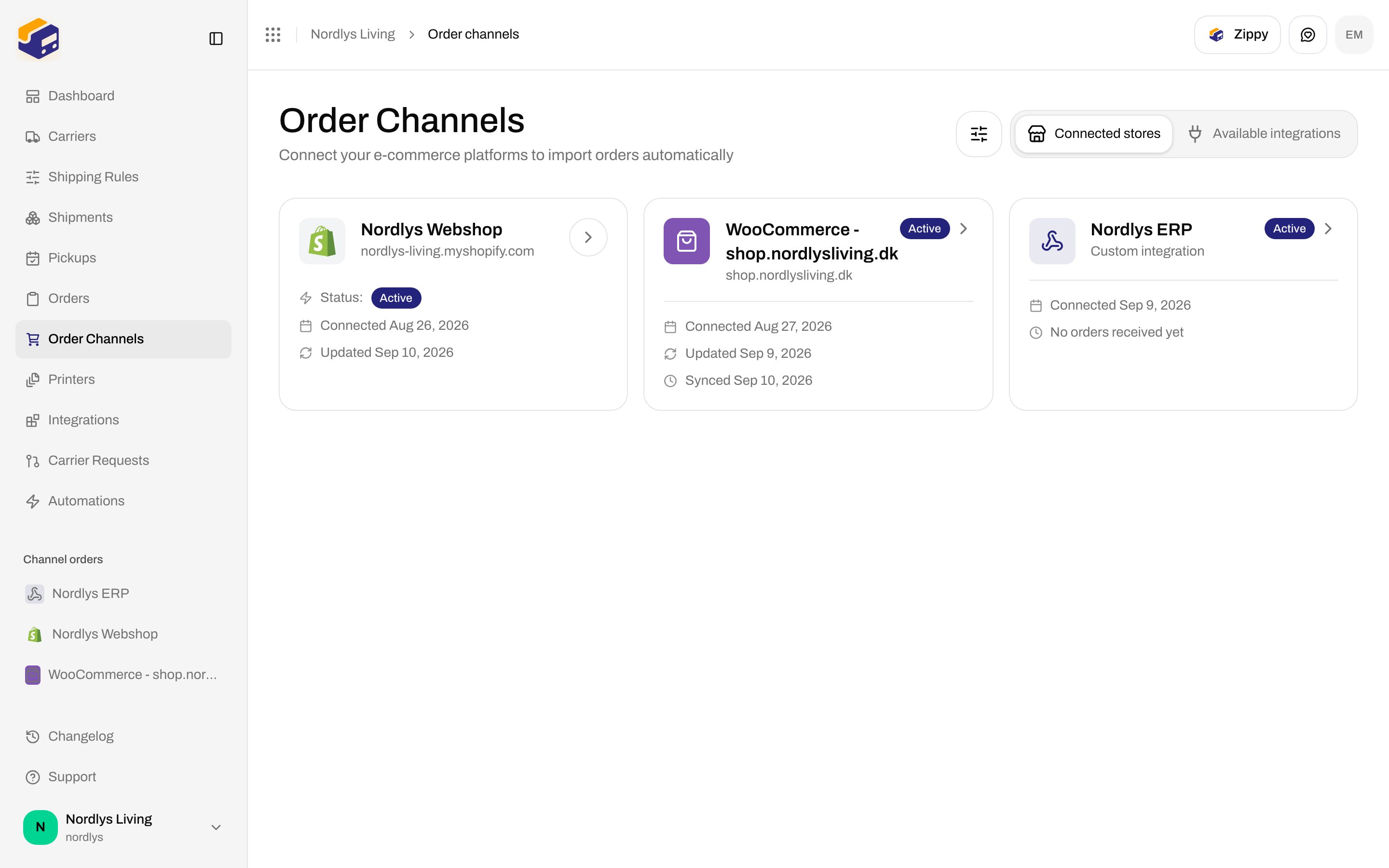 Connected stores tab with a WooCommerce card showing Active status, store hostname, Connected and Updated dates