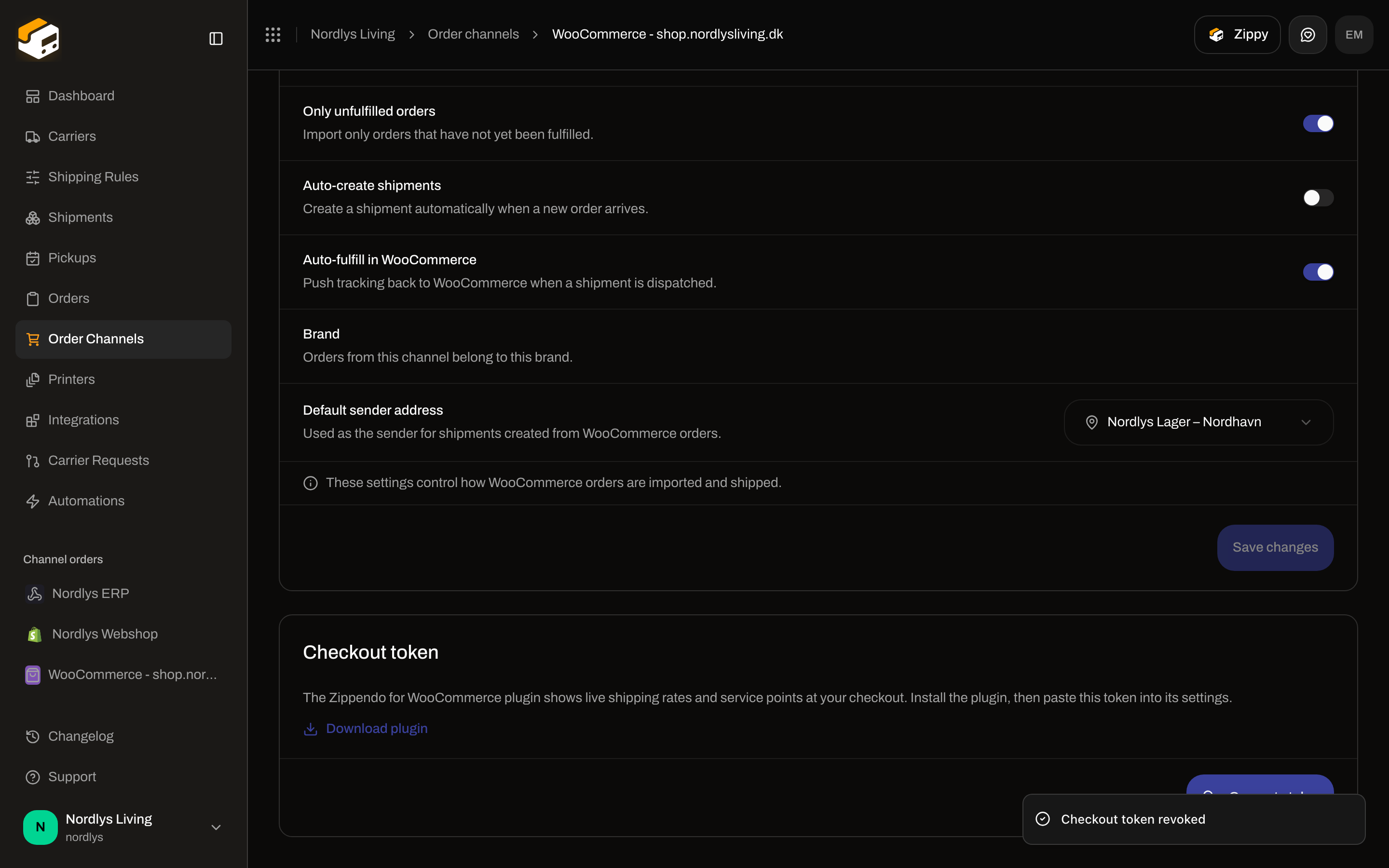 WooCommerce Orders and checkout tab with Order sync toggles, Brand, and Default sender address