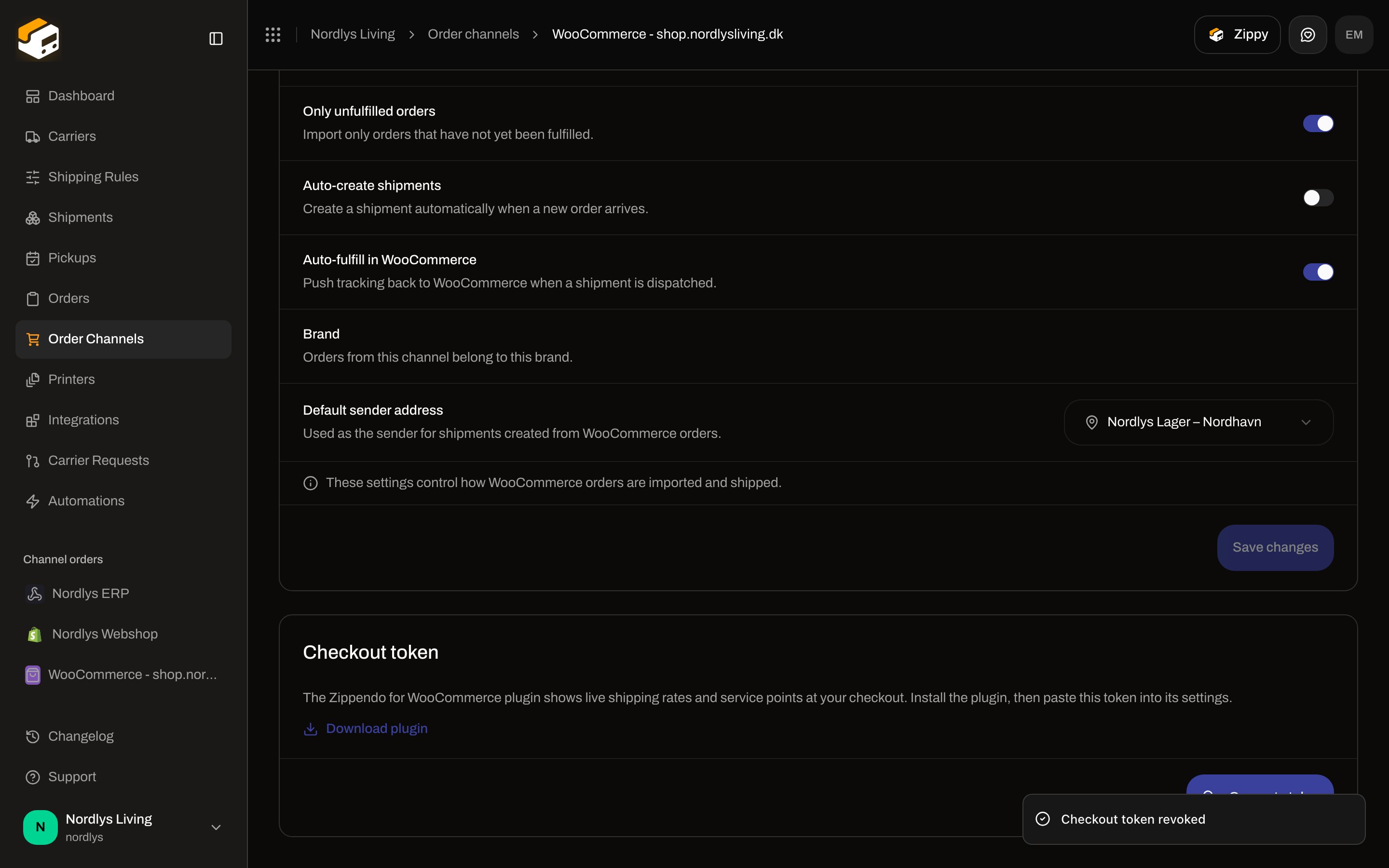 WooCommerce Orders and checkout tab with Order sync toggles, Brand, and Default sender address