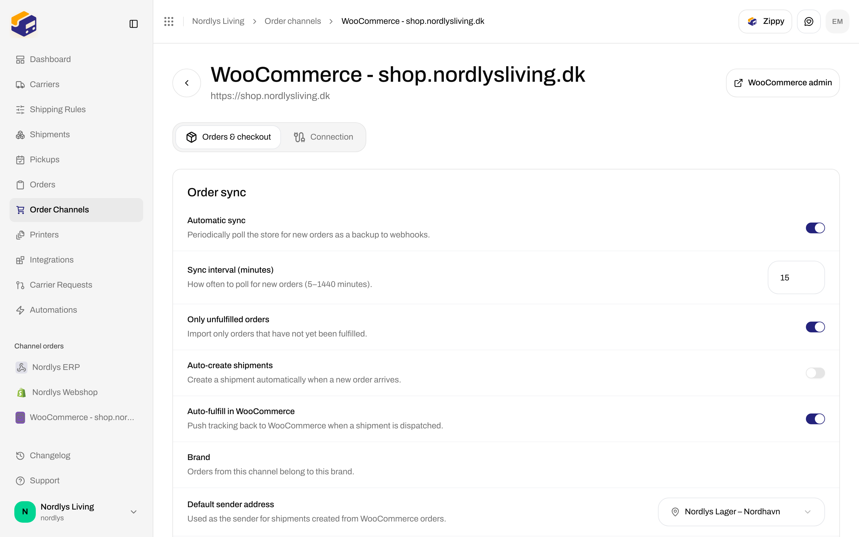 WooCommerce Orders and checkout tab with Order sync toggles, Brand, and Default sender address