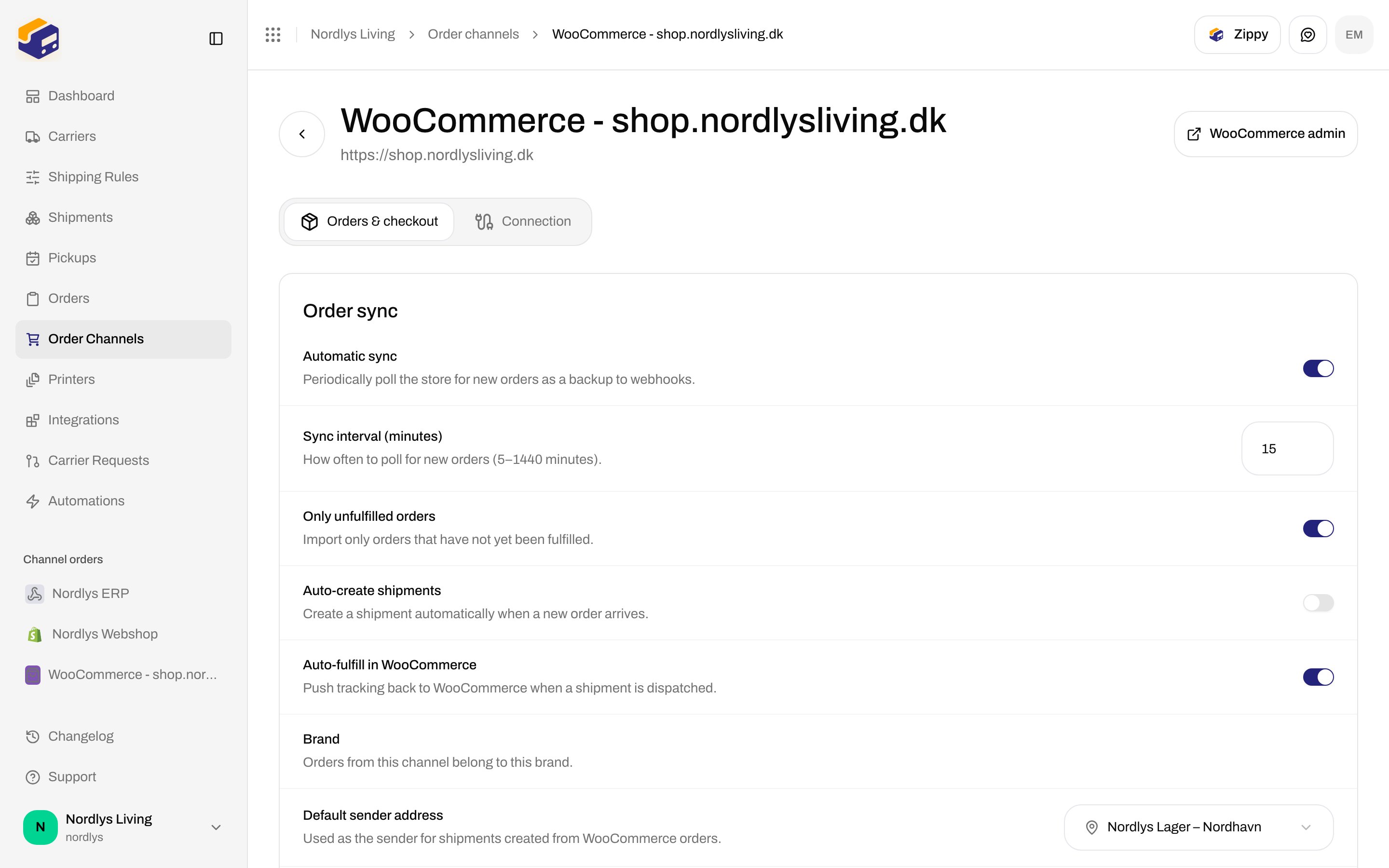 WooCommerce Orders and checkout tab with Order sync toggles, Brand, and Default sender address