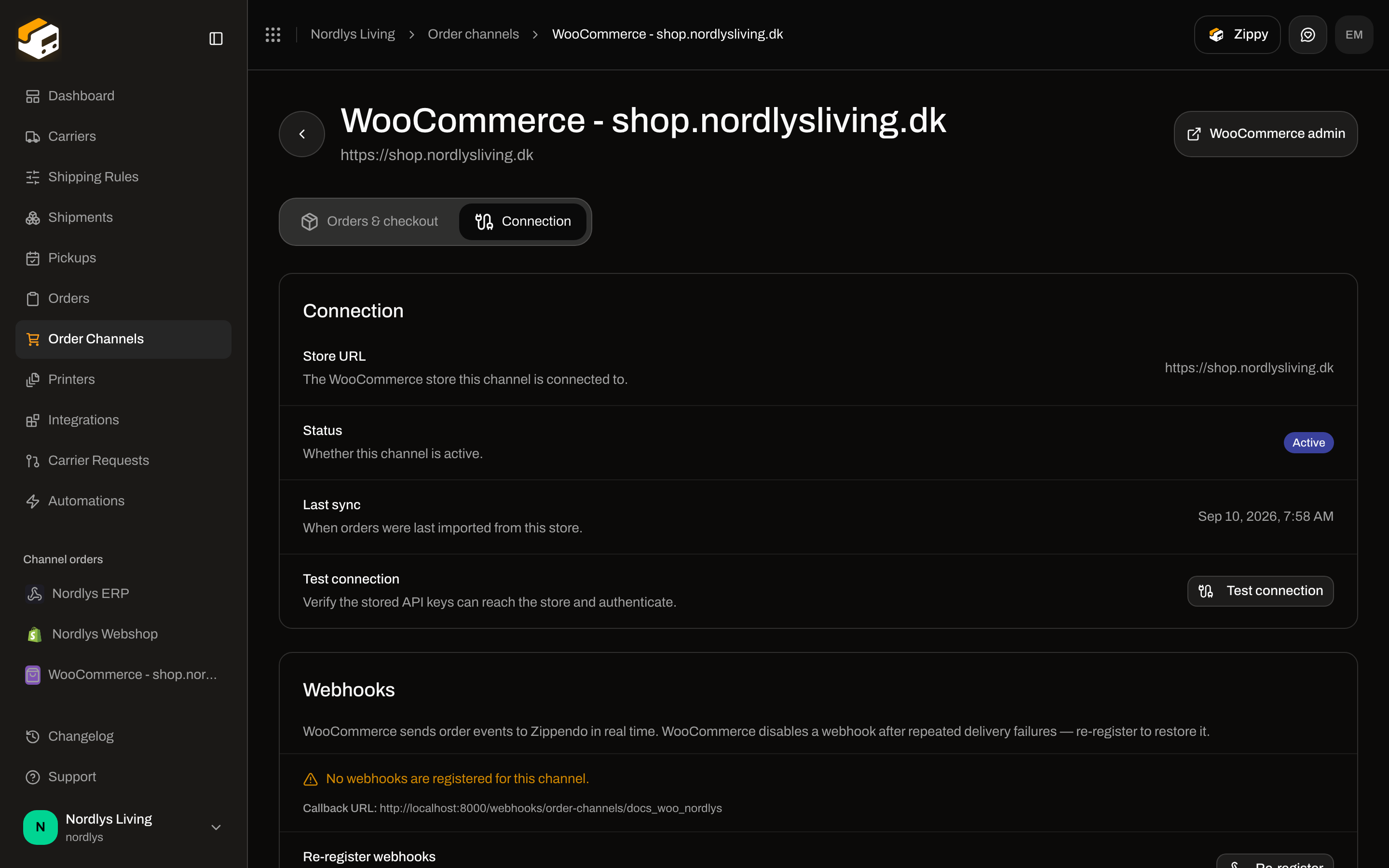 WooCommerce Connection tab showing Store URL, Active status, Last sync, and Test connection