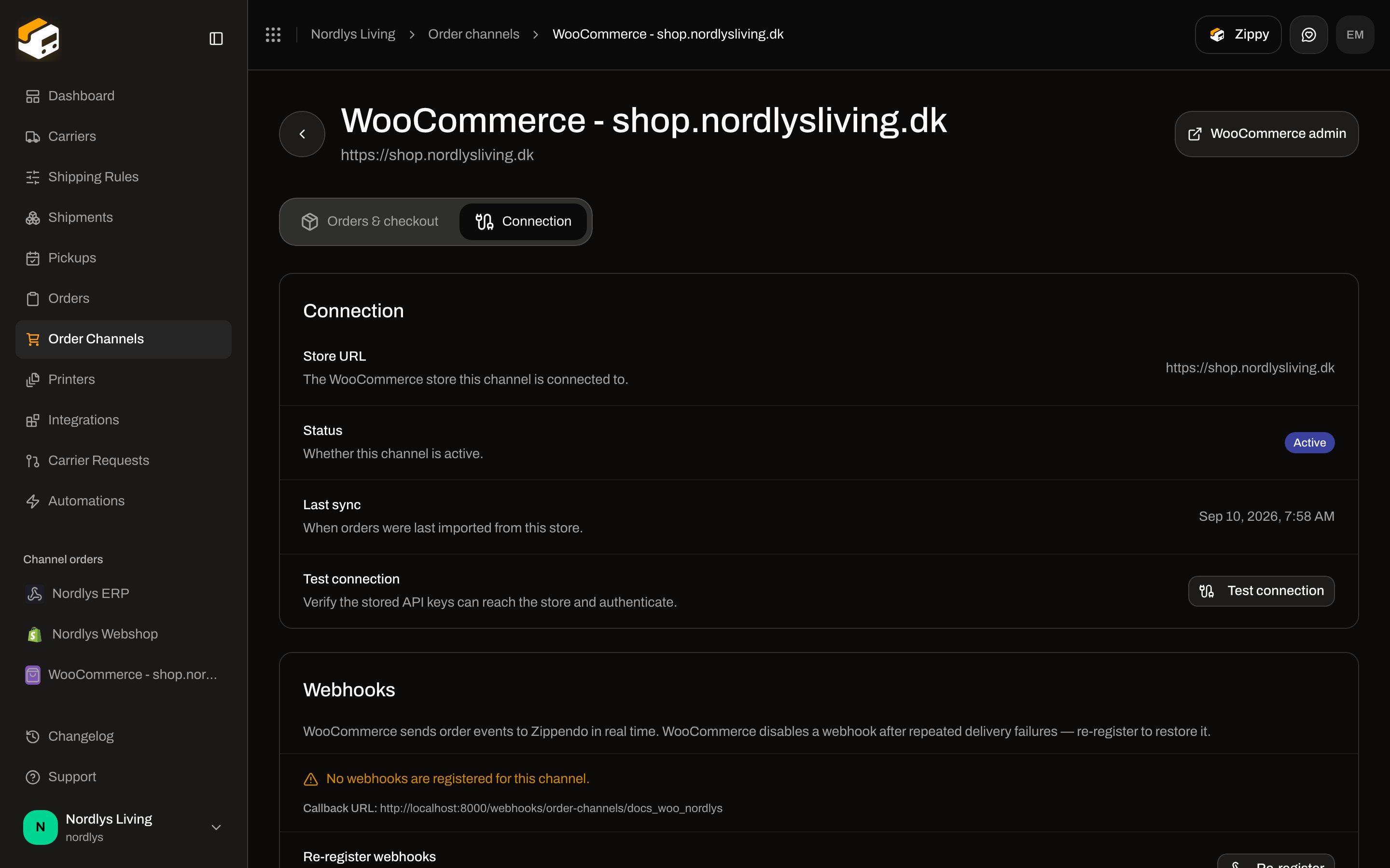 WooCommerce Connection tab showing Store URL, Active status, Last sync, and Test connection