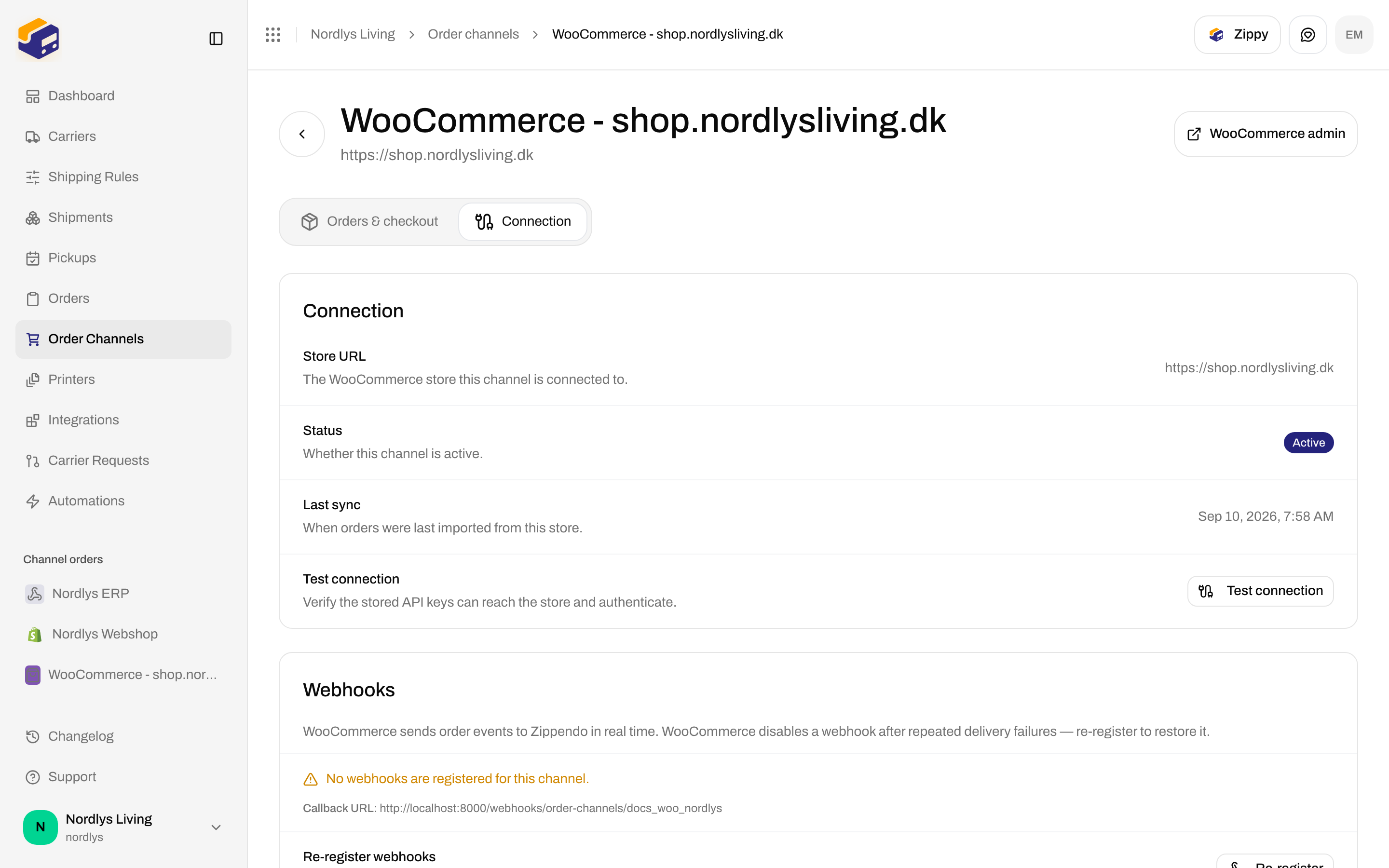 WooCommerce Connection tab showing Store URL, Active status, Last sync, and Test connection