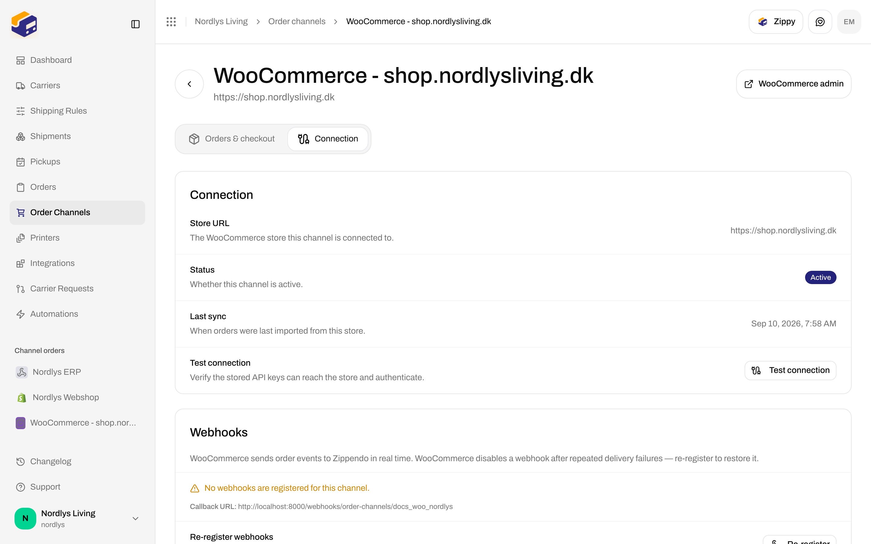 WooCommerce Connection tab showing Store URL, Active status, Last sync, and Test connection
