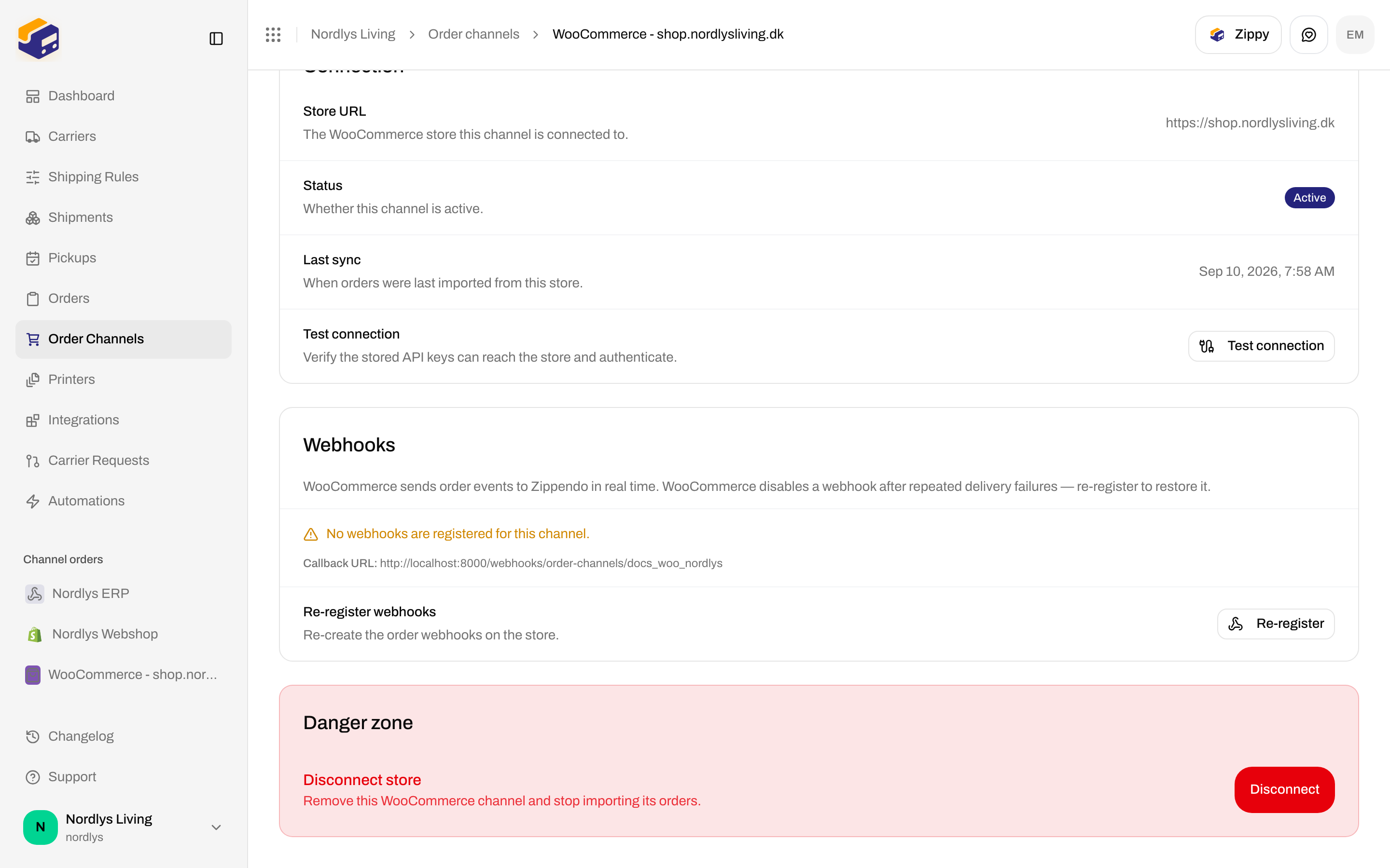 Danger zone with Disconnect store and Disconnect button