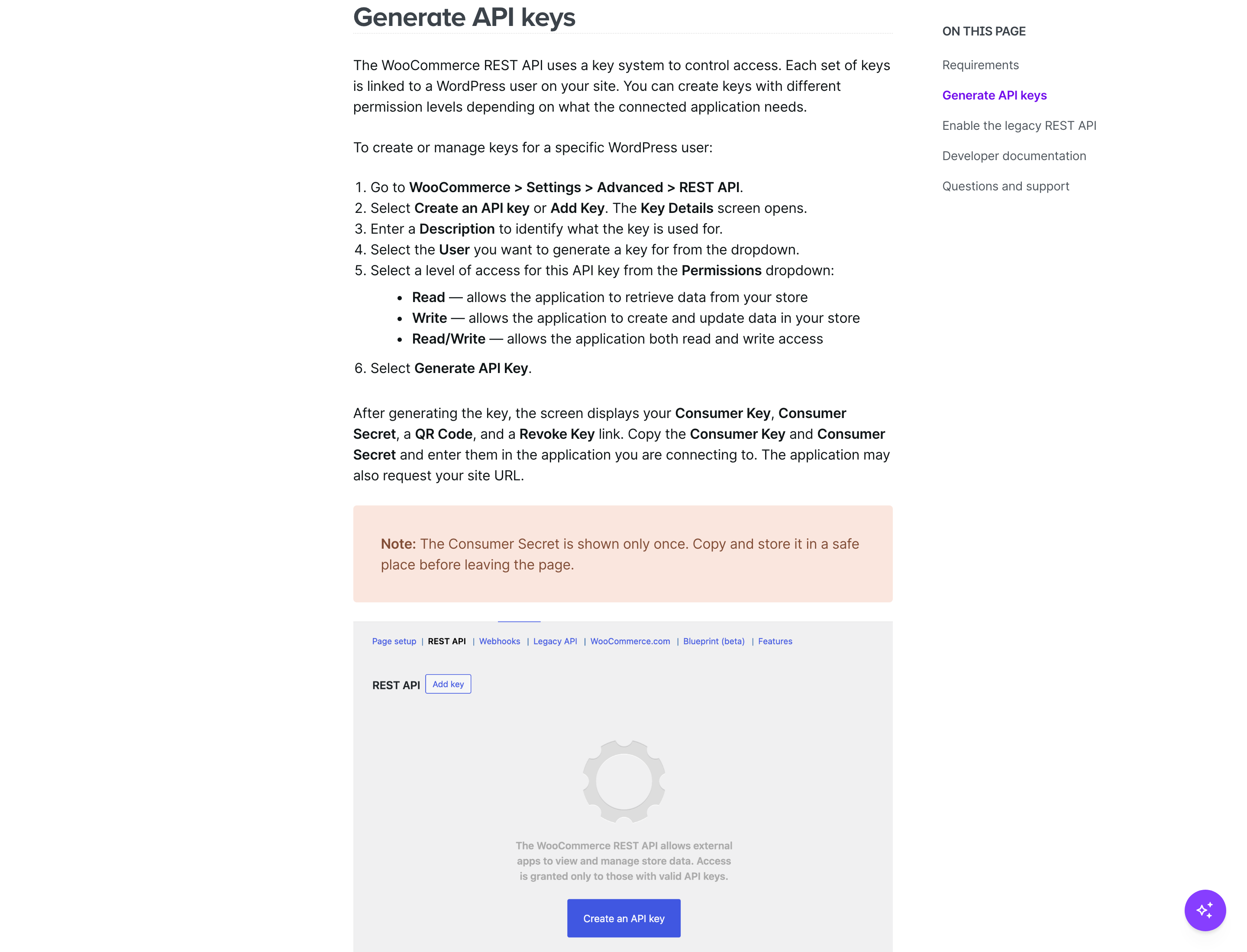 WooCommerce REST API documentation Generate API keys section with Consumer Key, Consumer Secret, and Read/Write permissions