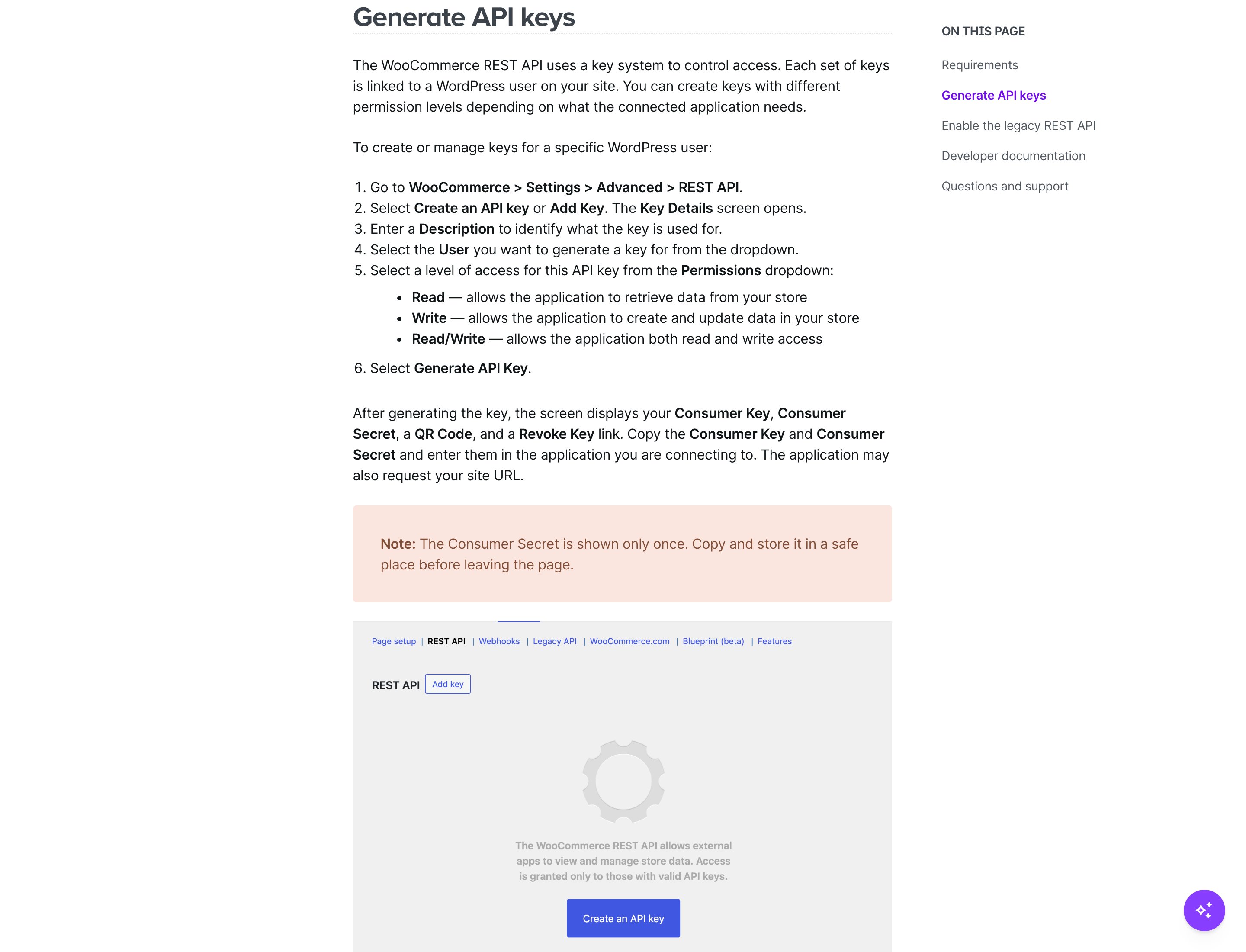 WooCommerce REST API documentation Generate API keys section with Consumer Key, Consumer Secret, and Read/Write permissions