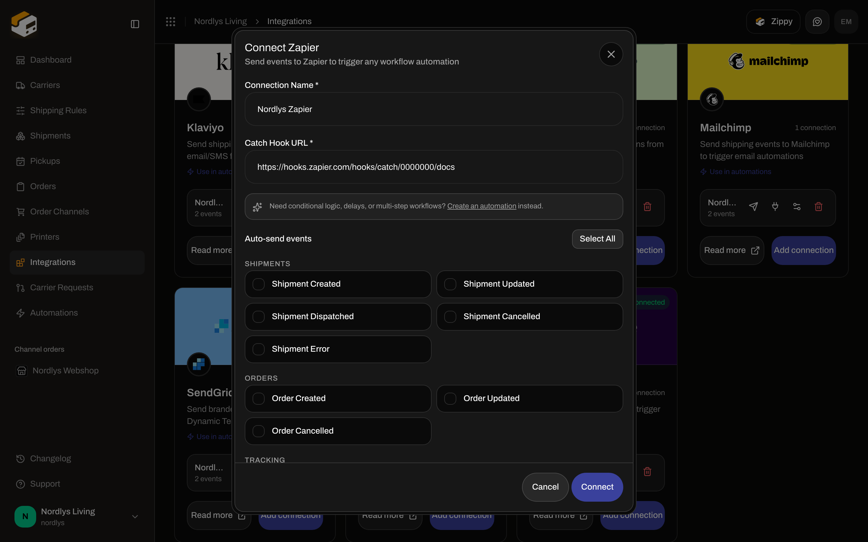 Connect Zapier dialog with Connection Name, Catch Hook URL, automation hint, and event checkboxes