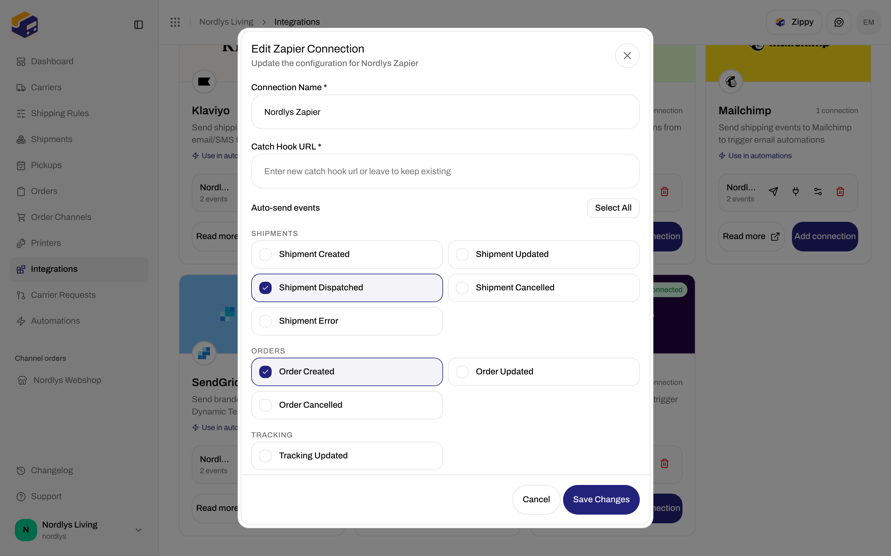 Edit Zapier Connection dialog with Connection Name, Catch Hook URL, and Auto-send events