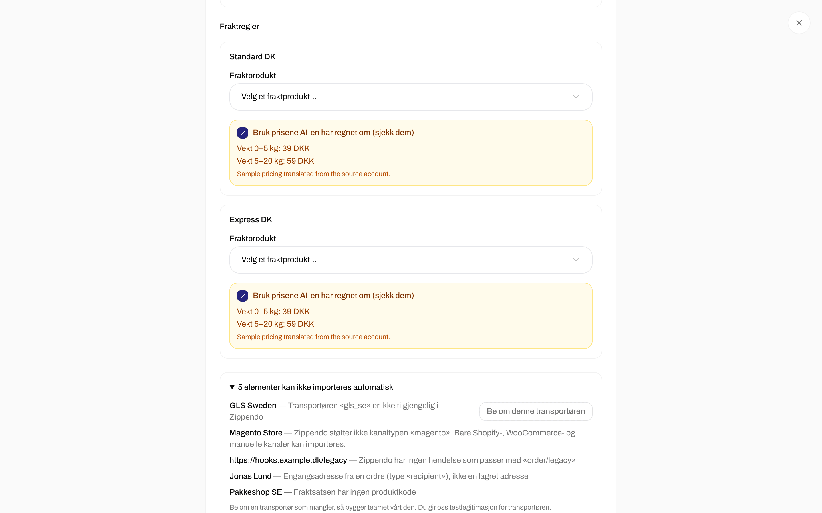 Liste over elementer som ikke kan importeres automatisk, med en knapp for Be om denne transportøren