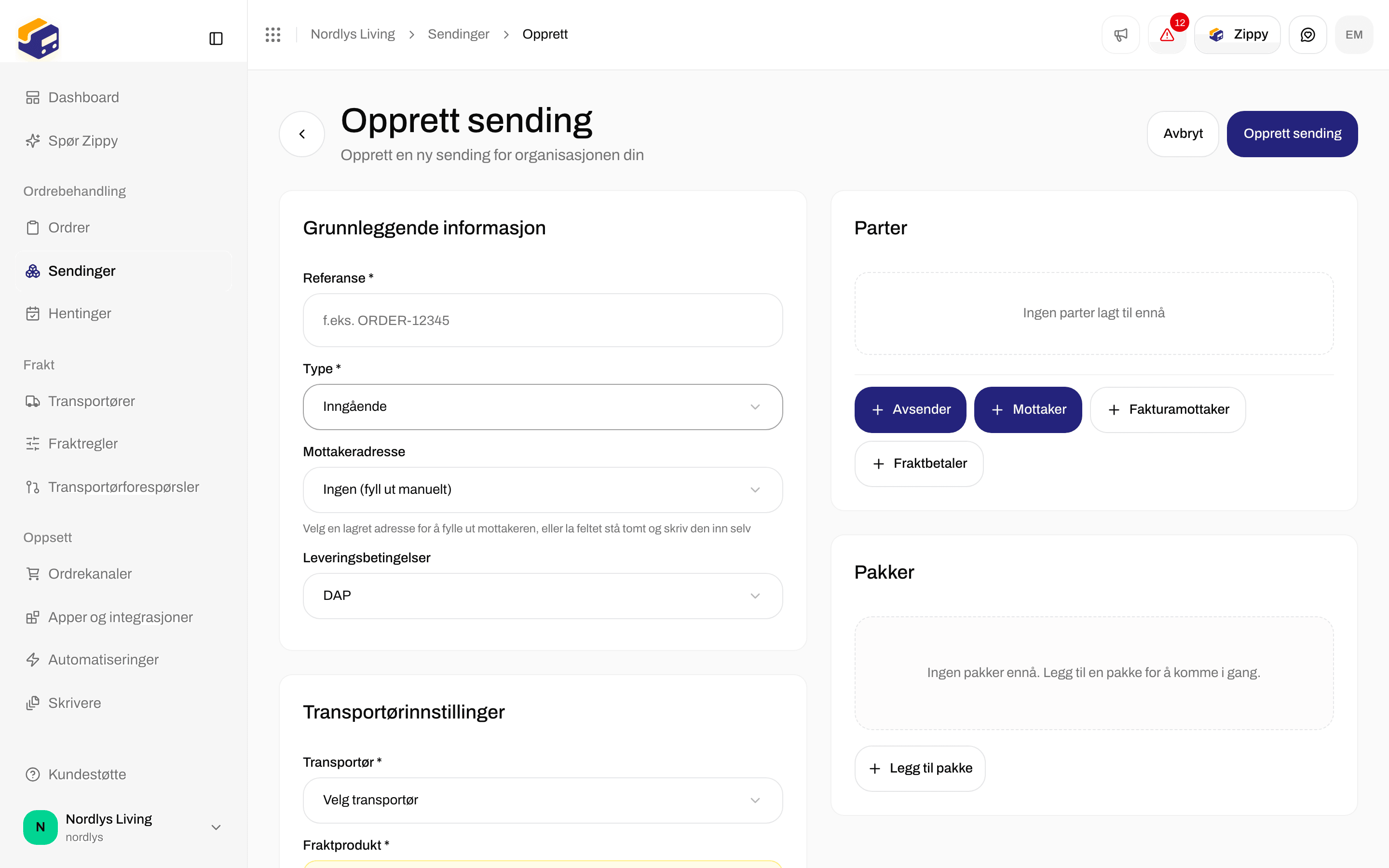 Skjemaet Opprett sending med Type Inngående og Mottakeradresse