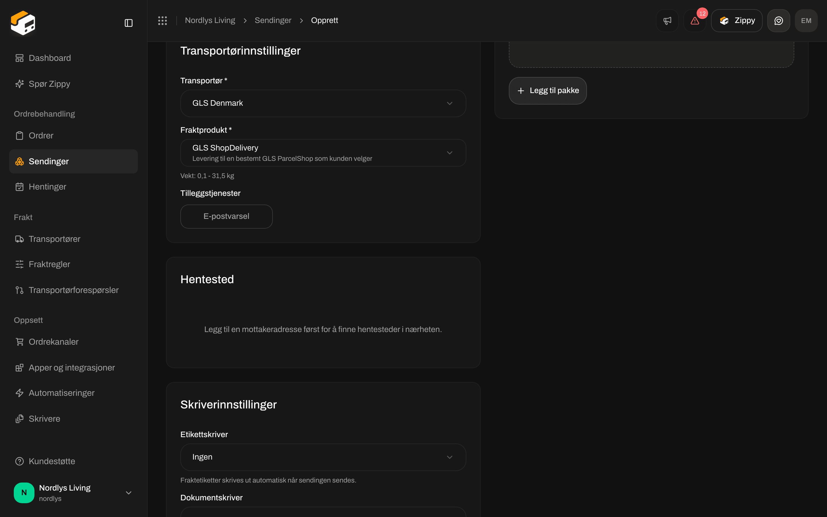 Opprett sending med GLS ShopDelivery valgt og kortet Hentested som ber om en mottakeradresse først