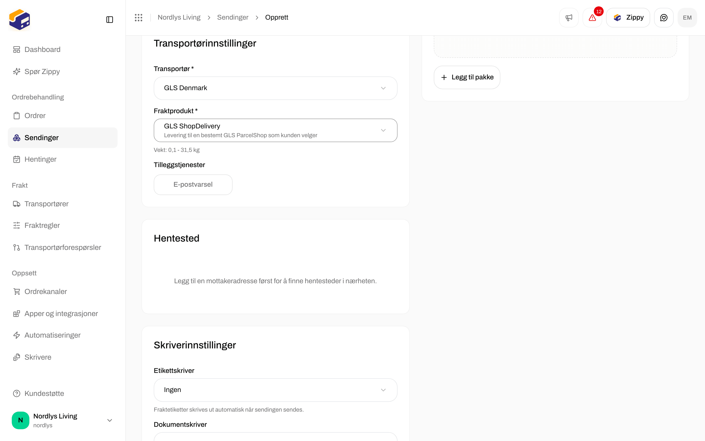Opprett sending med GLS ShopDelivery valgt og kortet Hentested som ber om en mottakeradresse først