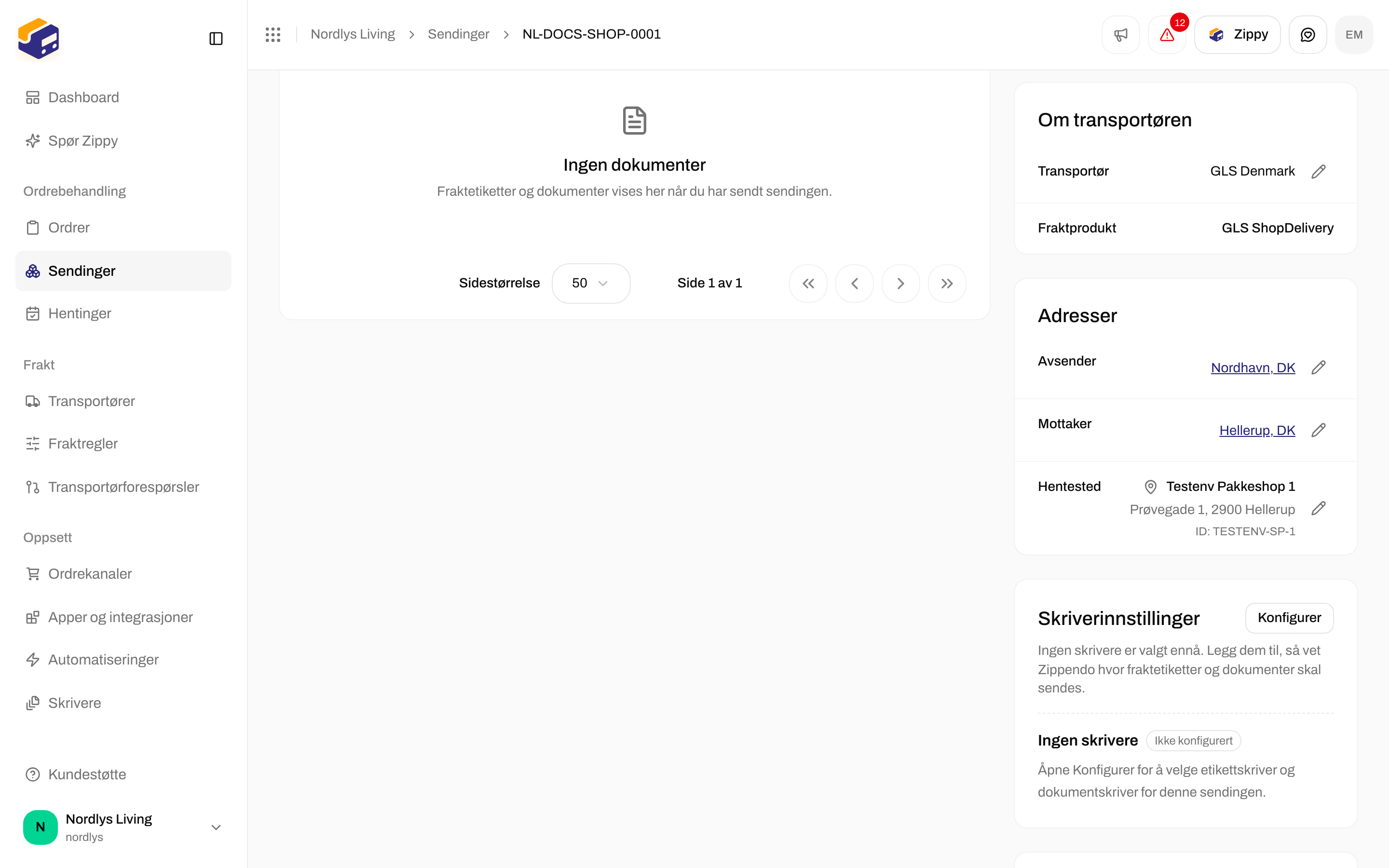 Delen Adresser på sendingen som viser Avsender, Mottaker og Hentested med en blyant for å redigere