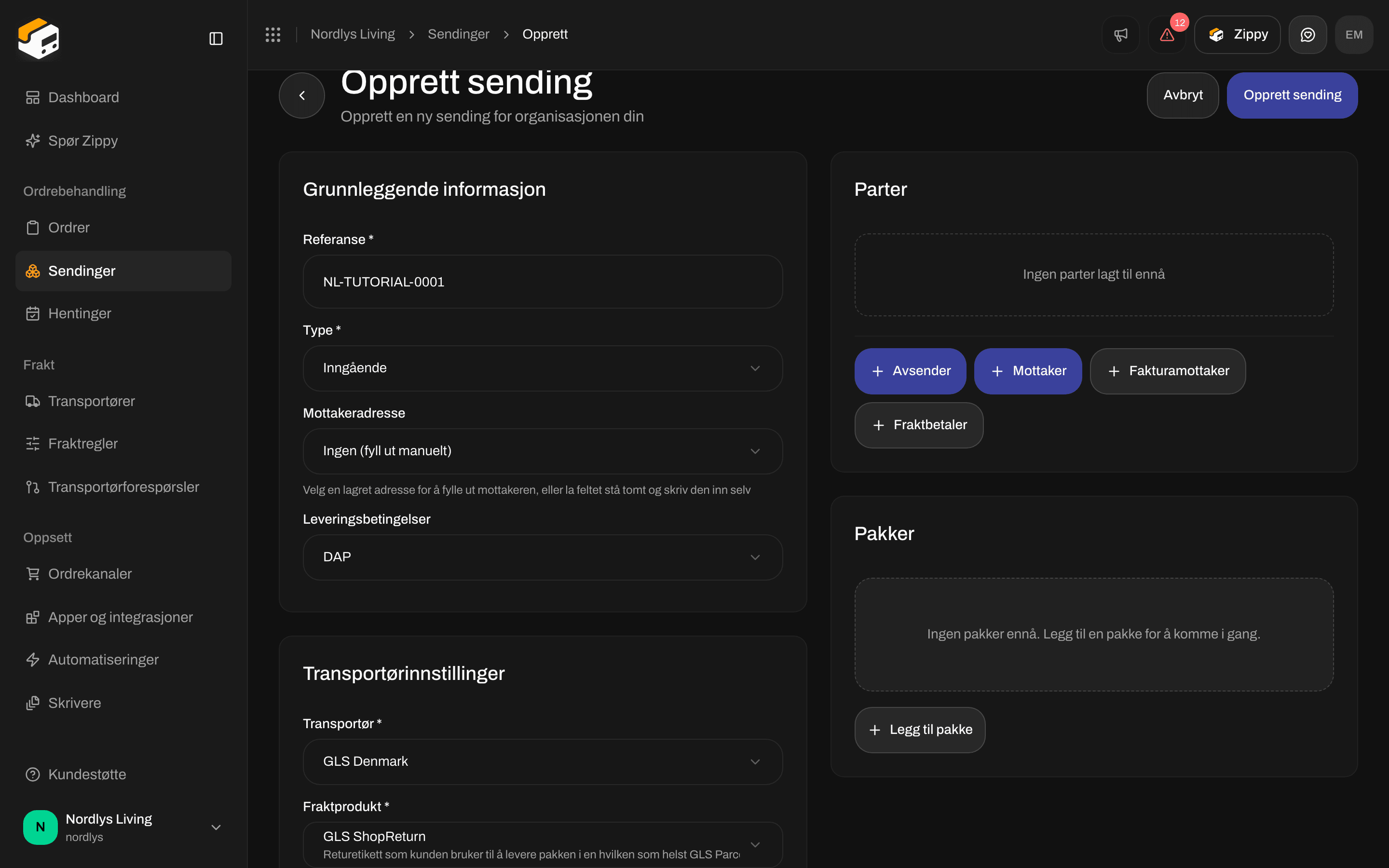 Opprett sending med Type Inngående og GLS ShopReturn valgt, med Transportørinnstillinger og uten kortet Hentested