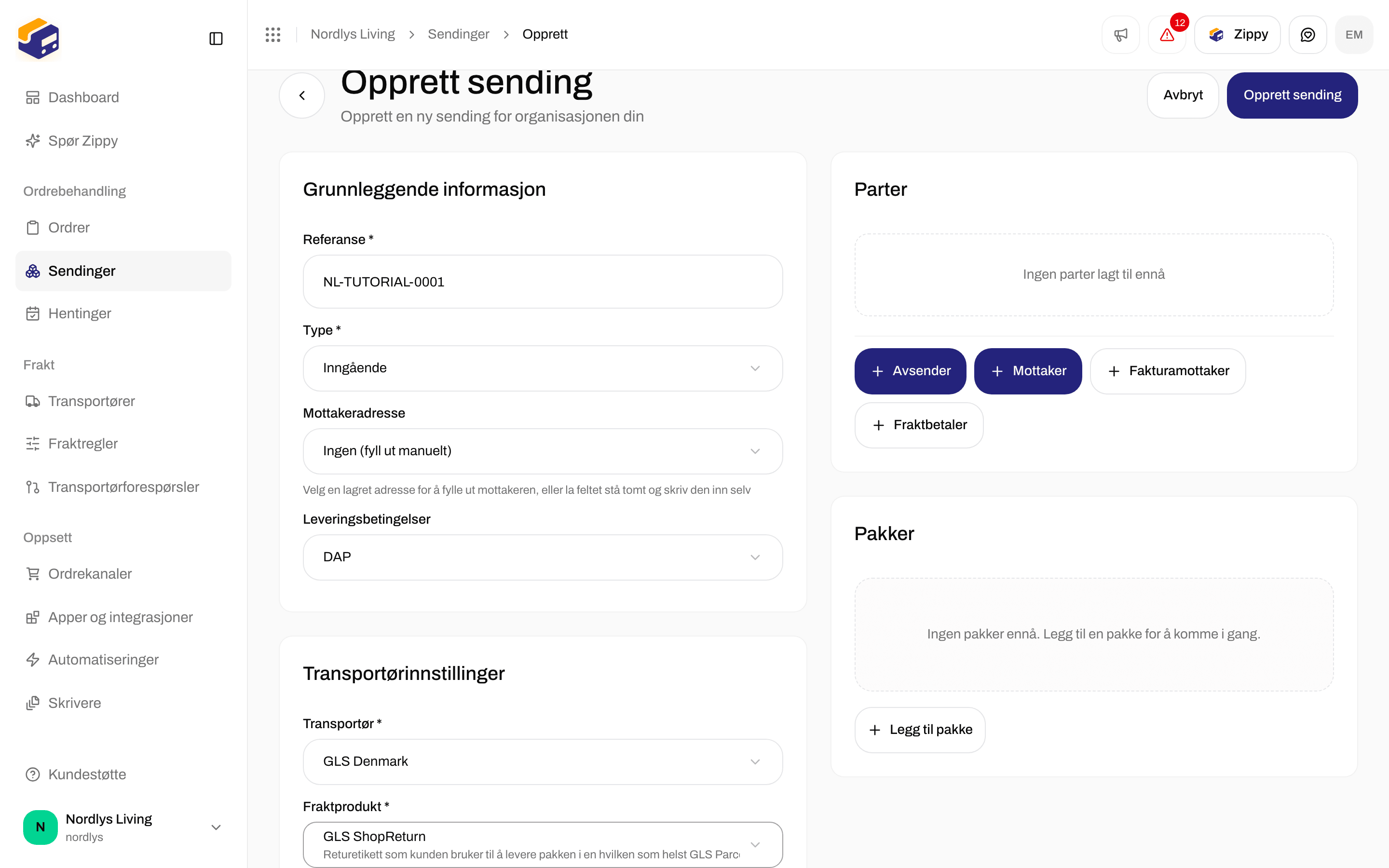 Opprett sending med Type Inngående og GLS ShopReturn valgt, med Transportørinnstillinger og uten kortet Hentested