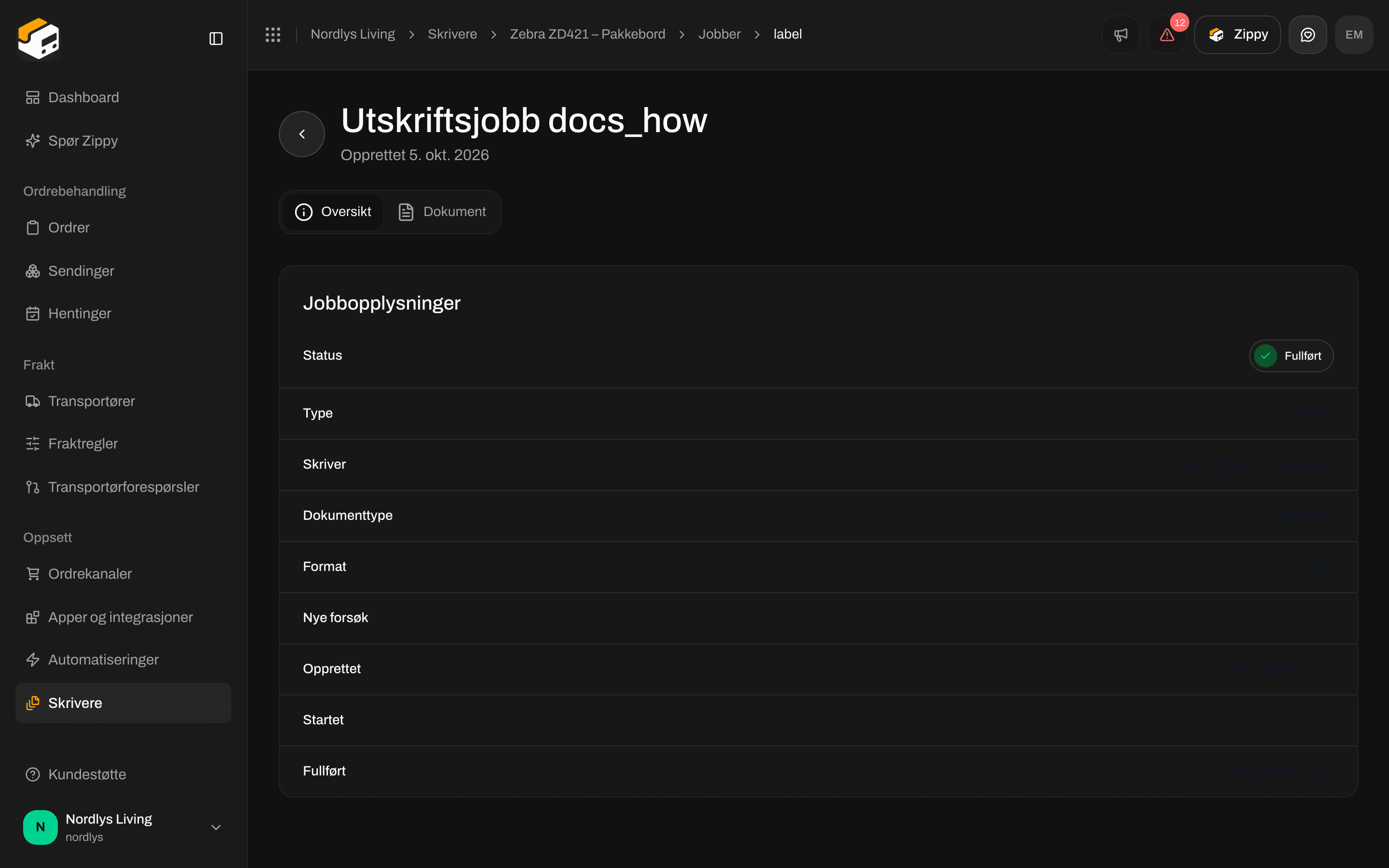 Siden for en utskriftsjobb, Oversikt, med Jobbopplysninger: status, type, skriver og format