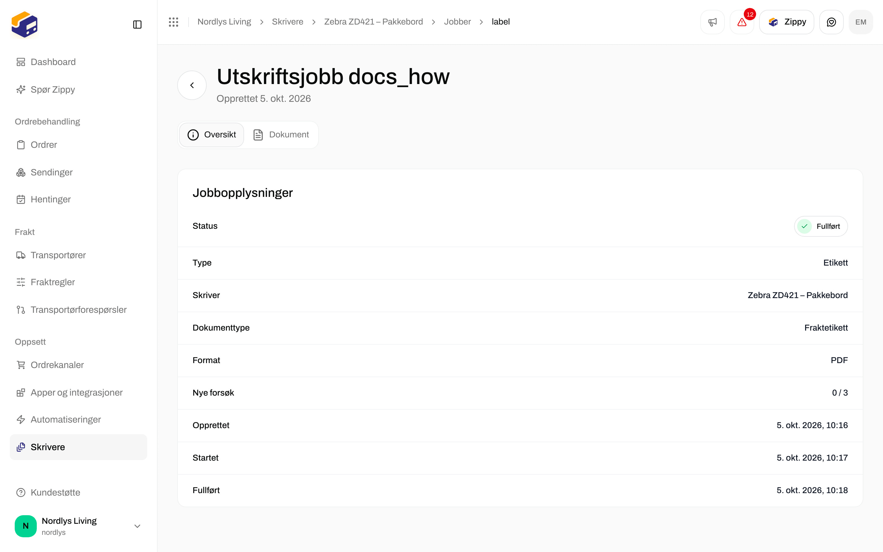 Siden for en utskriftsjobb, Oversikt, med Jobbopplysninger: status, type, skriver og format