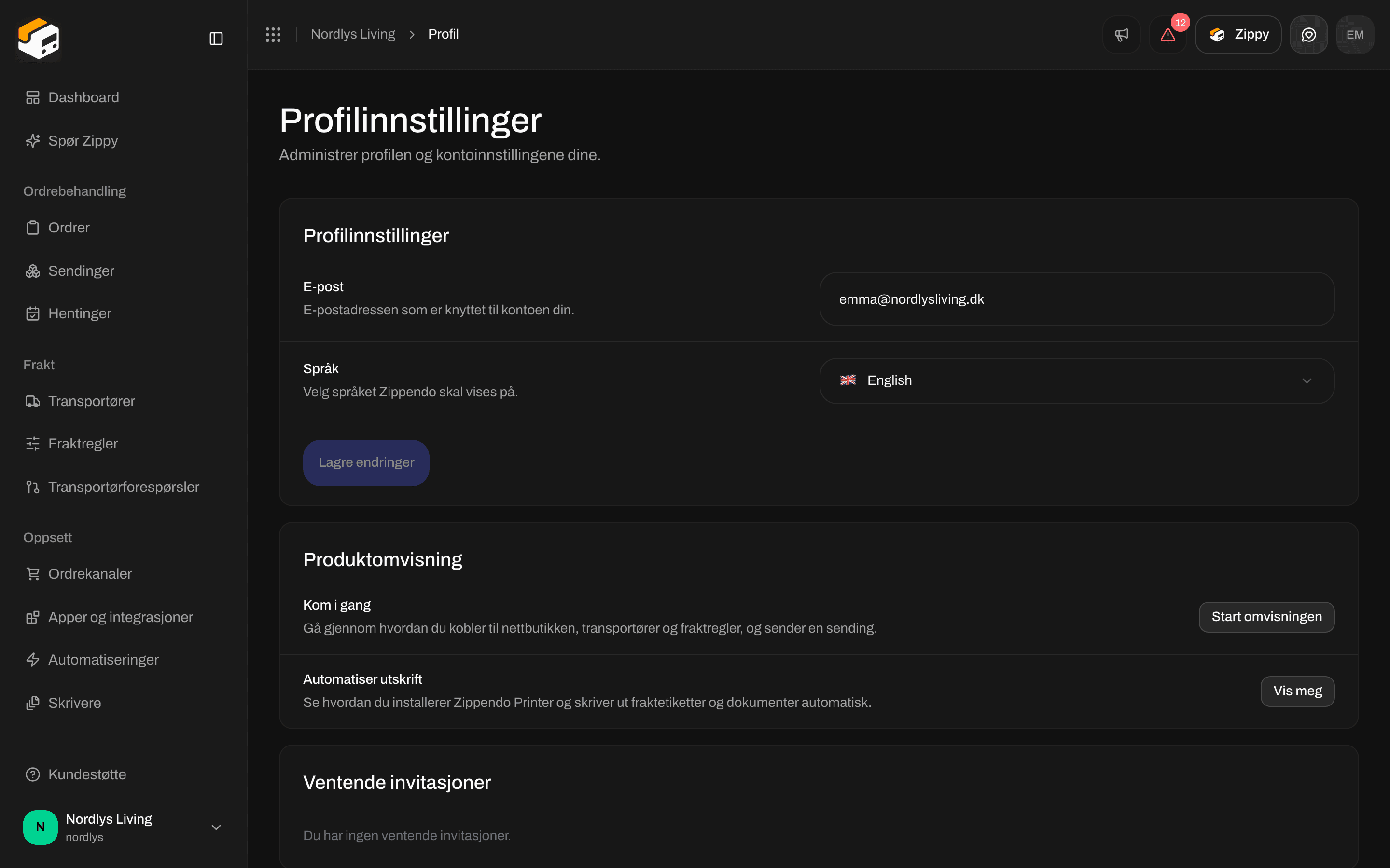 Profilinnstillinger med E-post, Språk og Lagre endringer