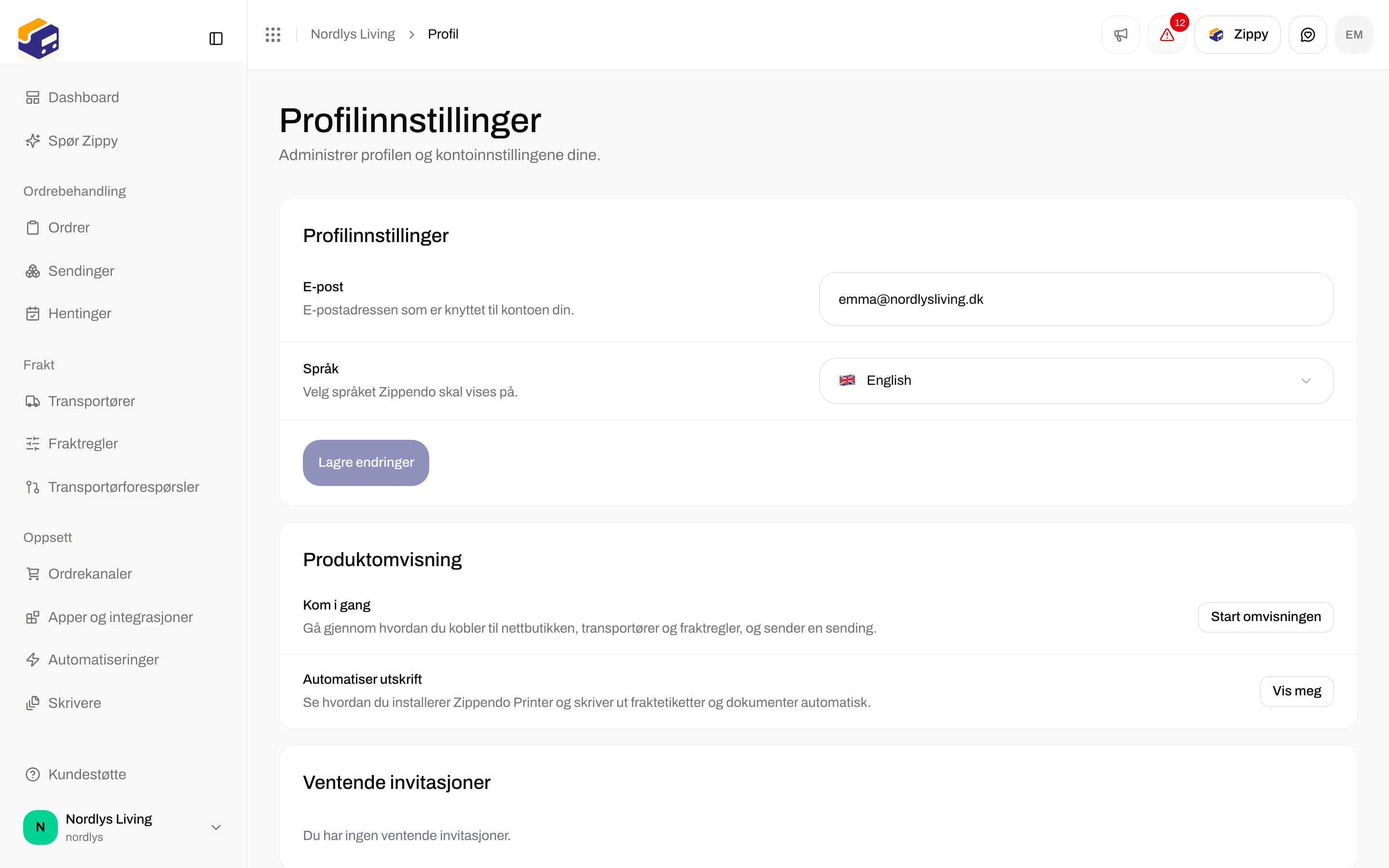 Profilinnstillinger med E-post, Språk og Lagre endringer