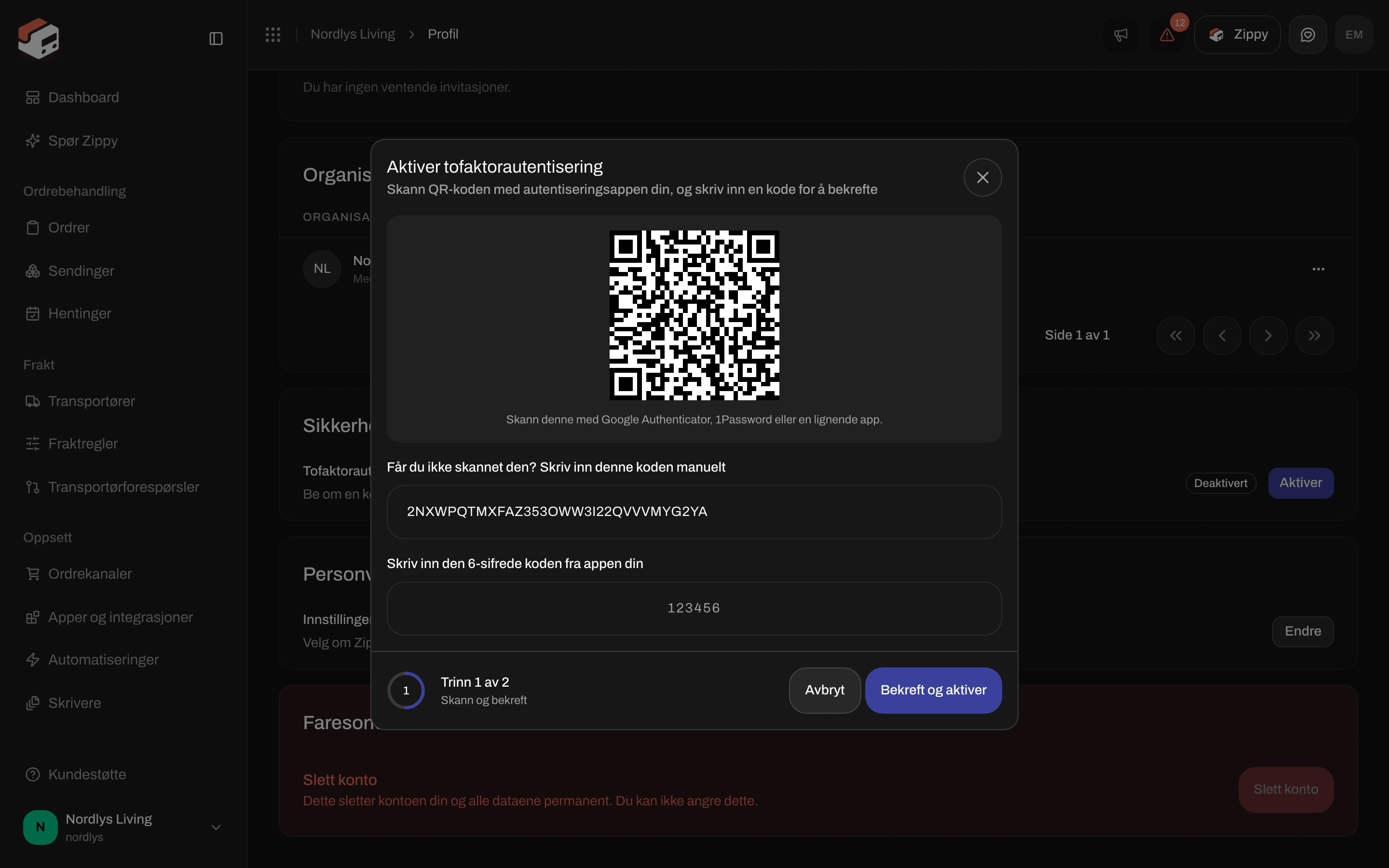 Vinduet Aktiver tofaktorautentisering med en QR-kode og et felt for den 6-sifrede koden
