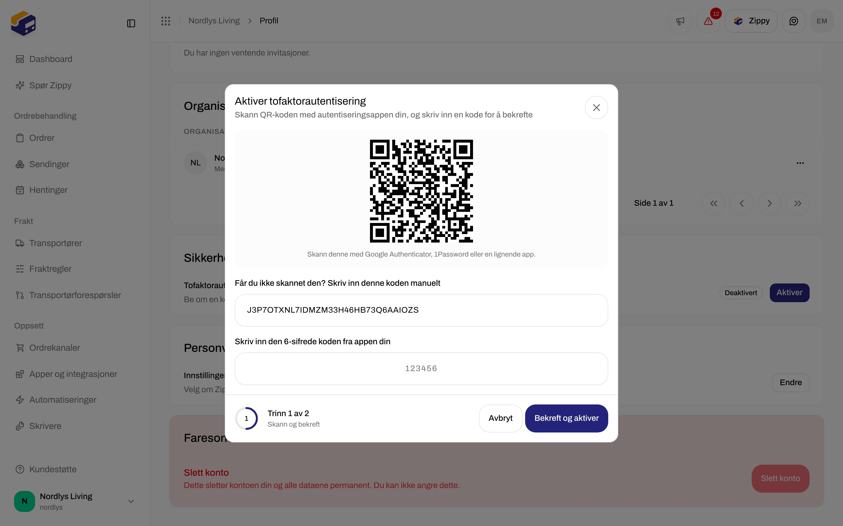 Vinduet Aktiver tofaktorautentisering med en QR-kode og et felt for den 6-sifrede koden