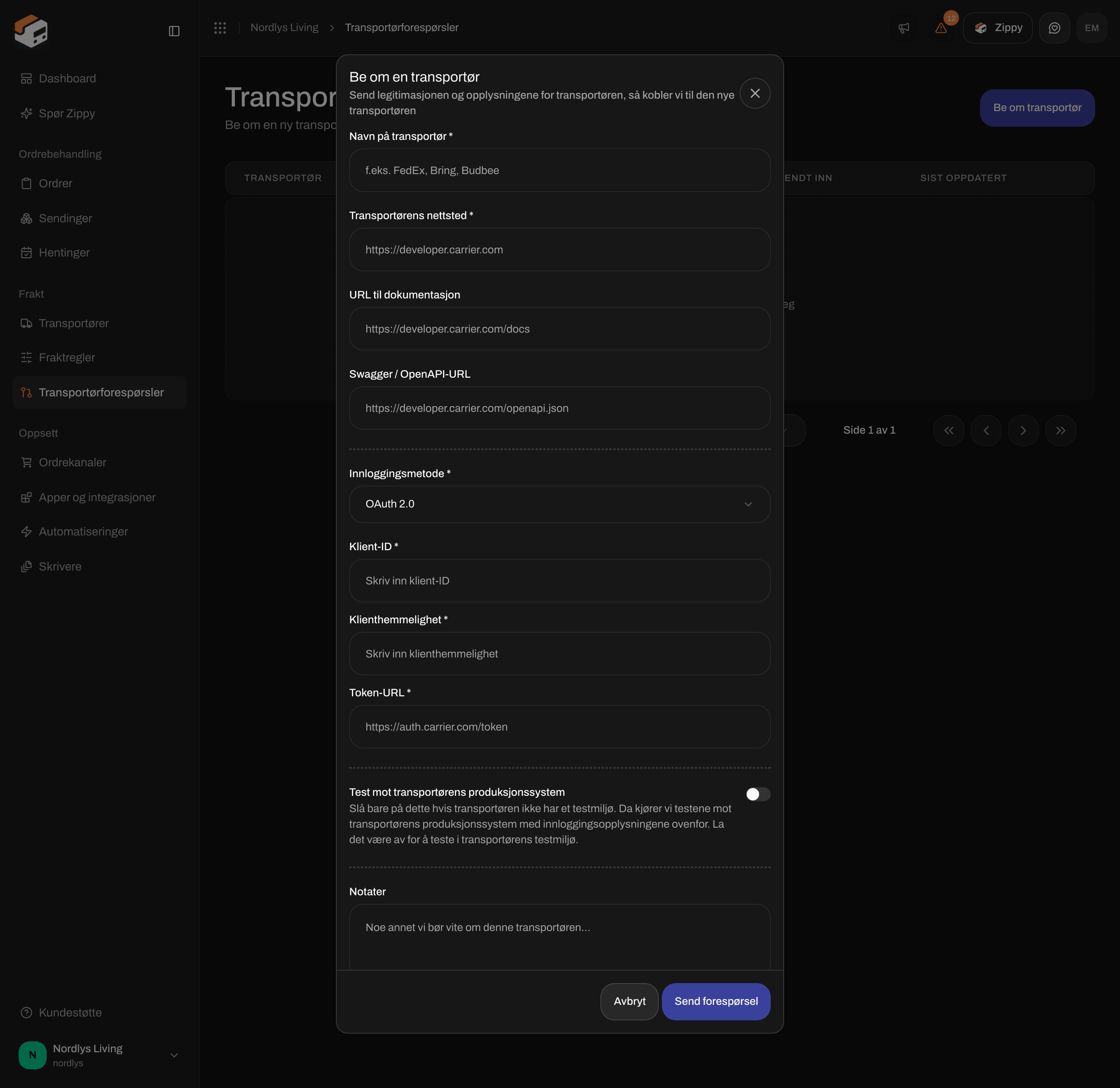 Vinduet Be om en transportør med Innloggingsmetode OAuth 2.0 og feltene Klient-ID, Klienthemmelighet og Token-URL