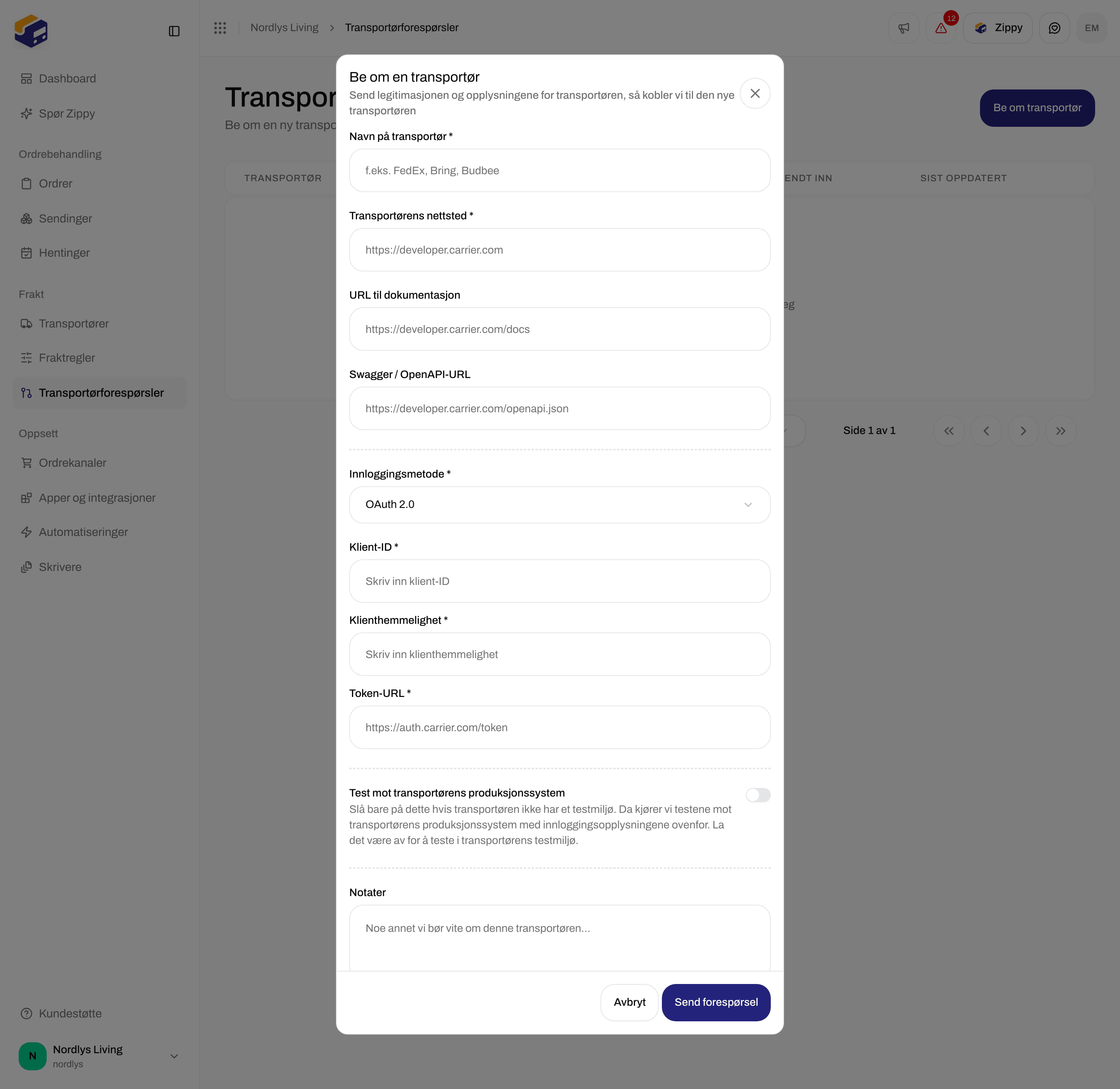 Vinduet Be om en transportør med Innloggingsmetode OAuth 2.0 og feltene Klient-ID, Klienthemmelighet og Token-URL