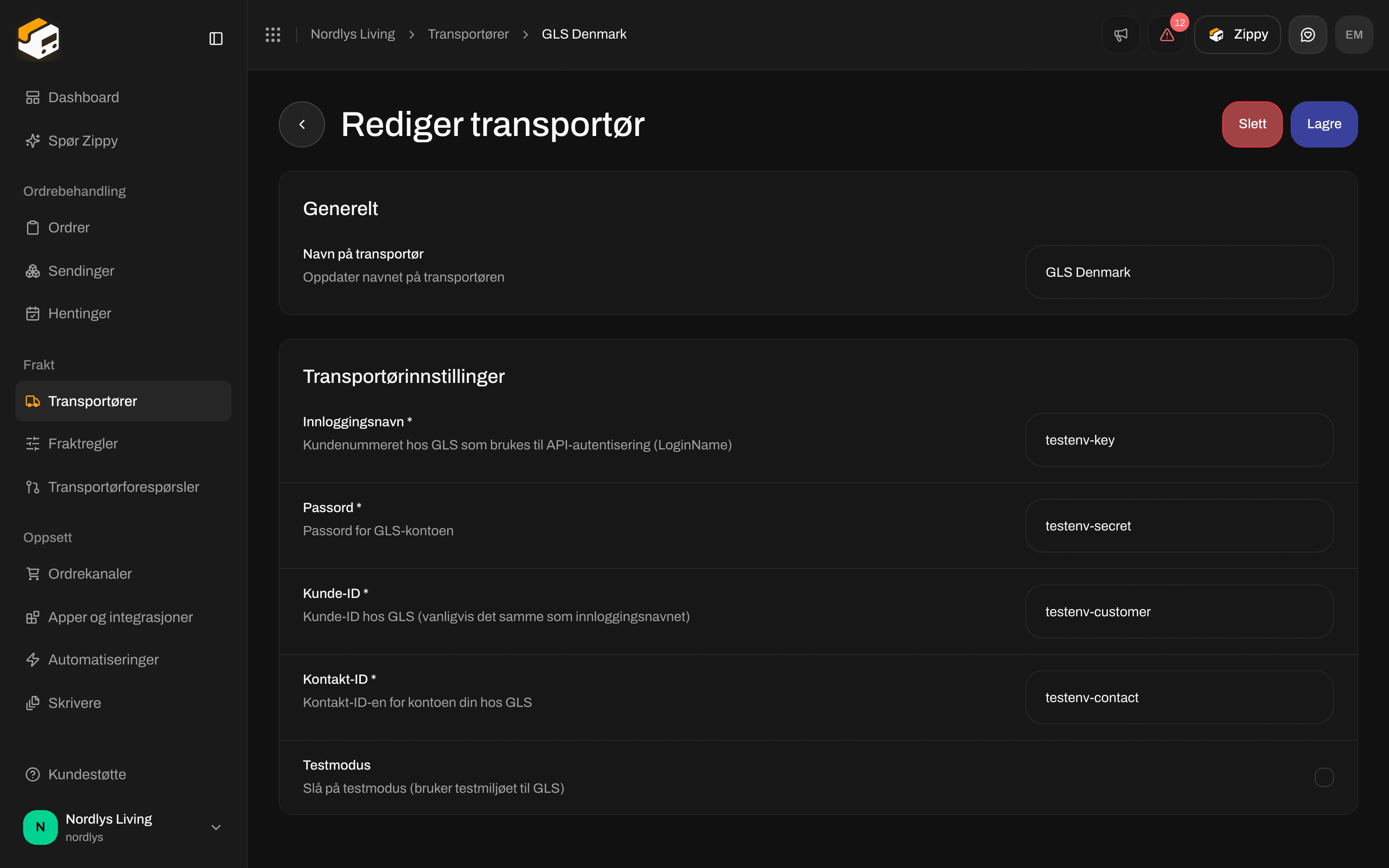 Rediger transportør for GLS Denmark med avkrysningsboksen Testmodus i Transportørinnstillinger