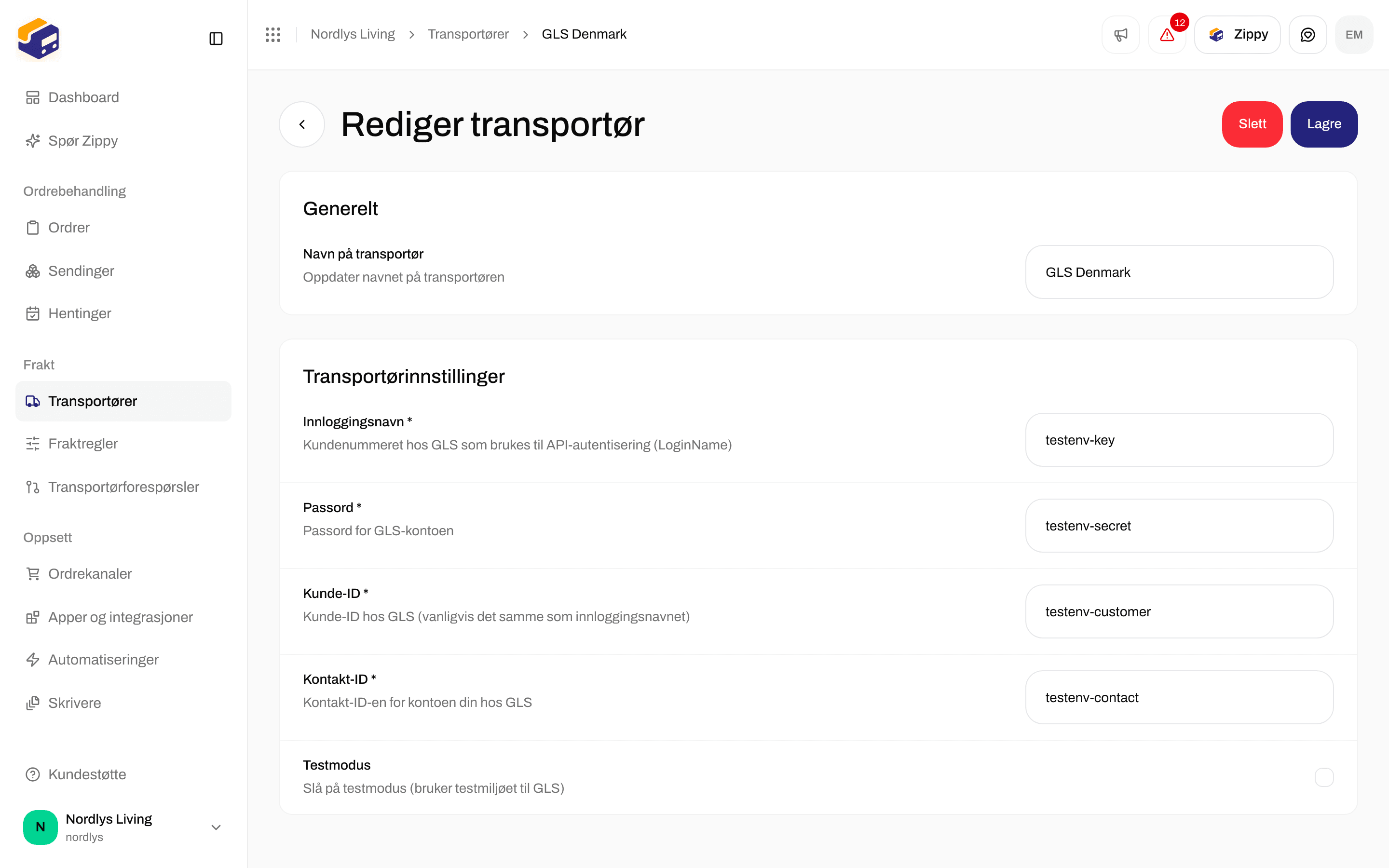 Rediger transportør for GLS Denmark med avkrysningsboksen Testmodus i Transportørinnstillinger