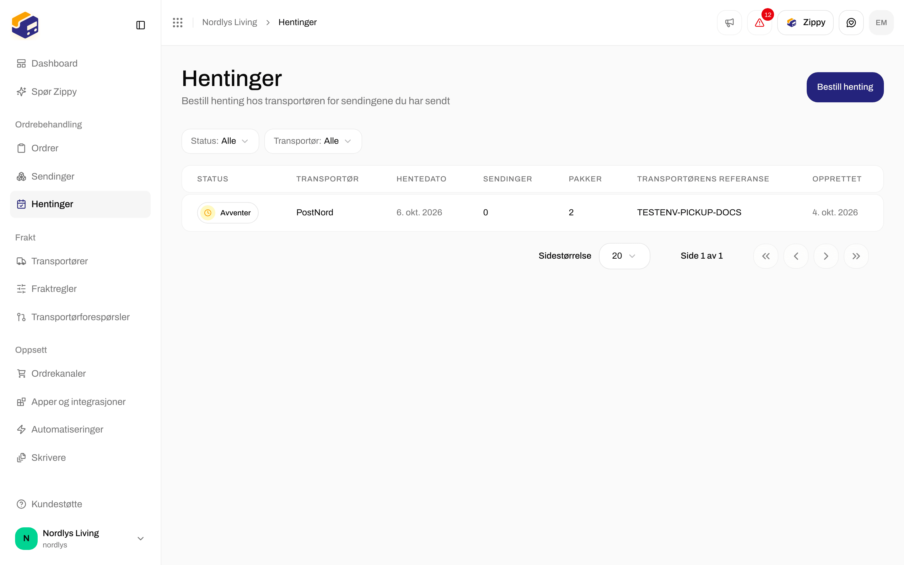 Listen over hentinger med en bestilt henting hos PostNord
