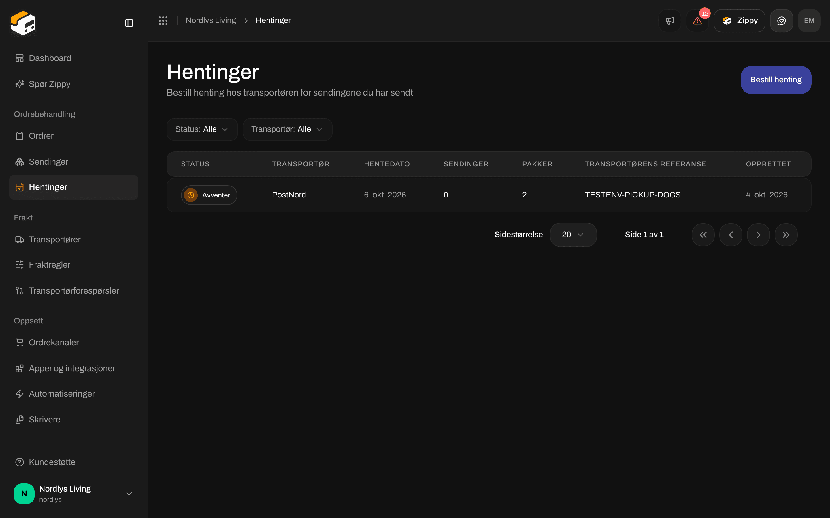 Filtre for hentinger med Status og Transportør