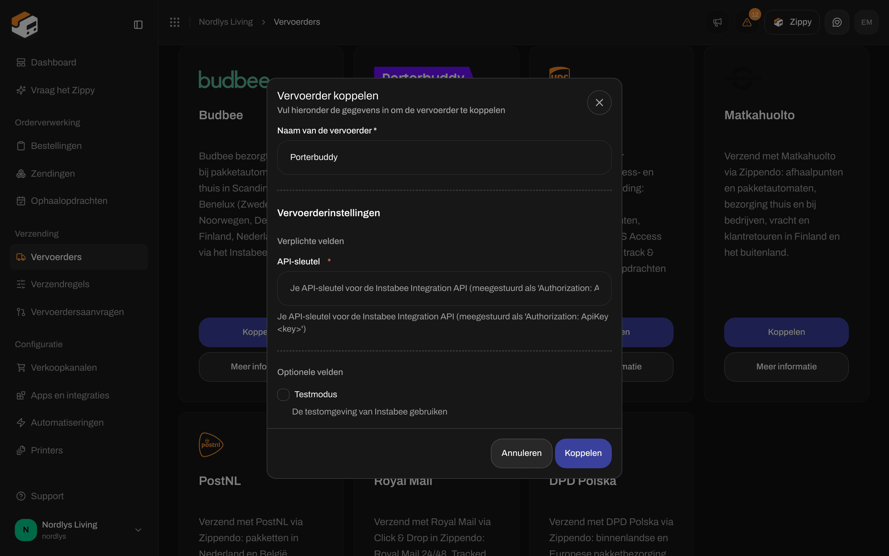 Venster Vervoerder koppelen voor Porterbuddy met het veld API-sleutel en het selectievakje Testmodus