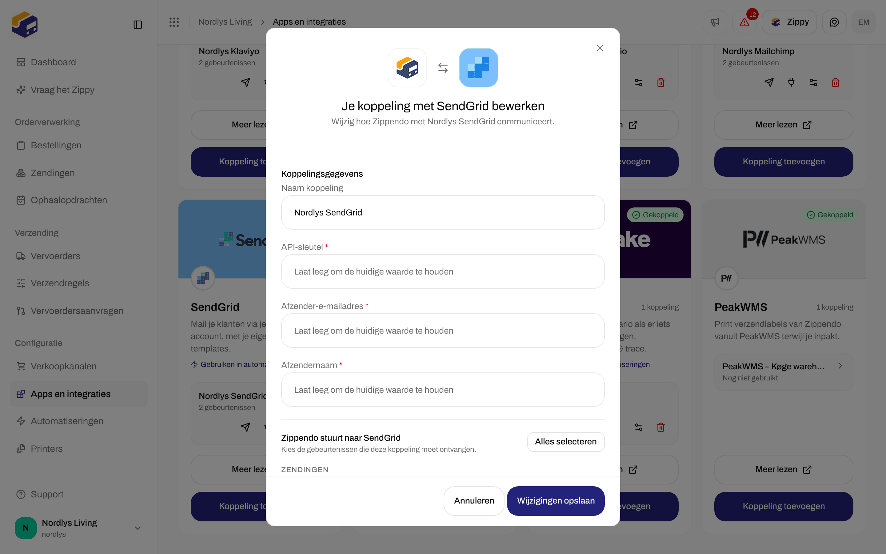 Bewerkvenster voor een SendGrid-koppeling met de naam van de koppeling, lege velden voor API-sleutel, Afzender-e-mailadres en Afzendernaam en de gebeurtenissen