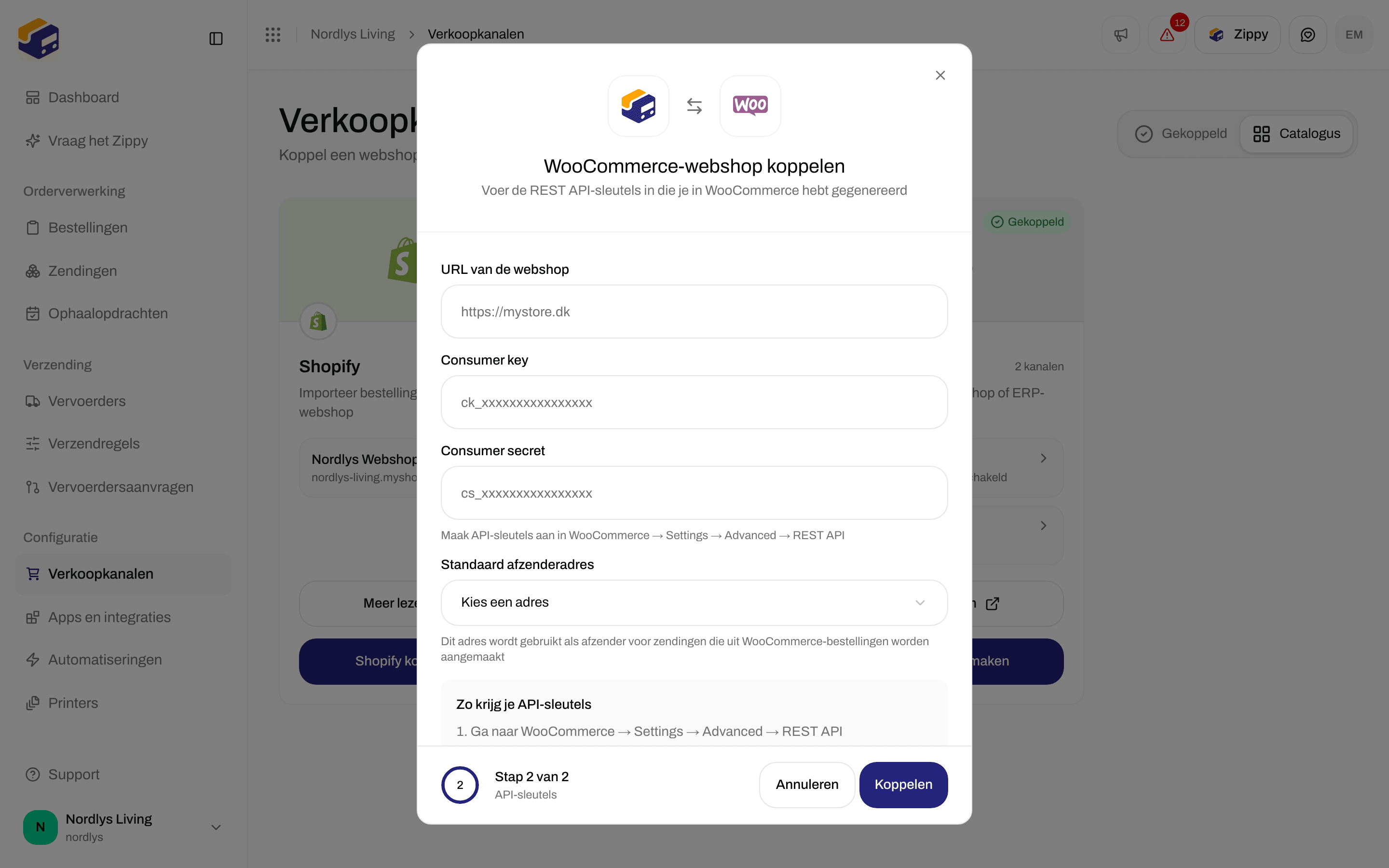 Venster WooCommerce-webshop koppelen bij de stap API-sleutels met URL van de webshop, Consumer key, Consumer secret, Standaard afzenderadres en Zo krijg je API-sleutels