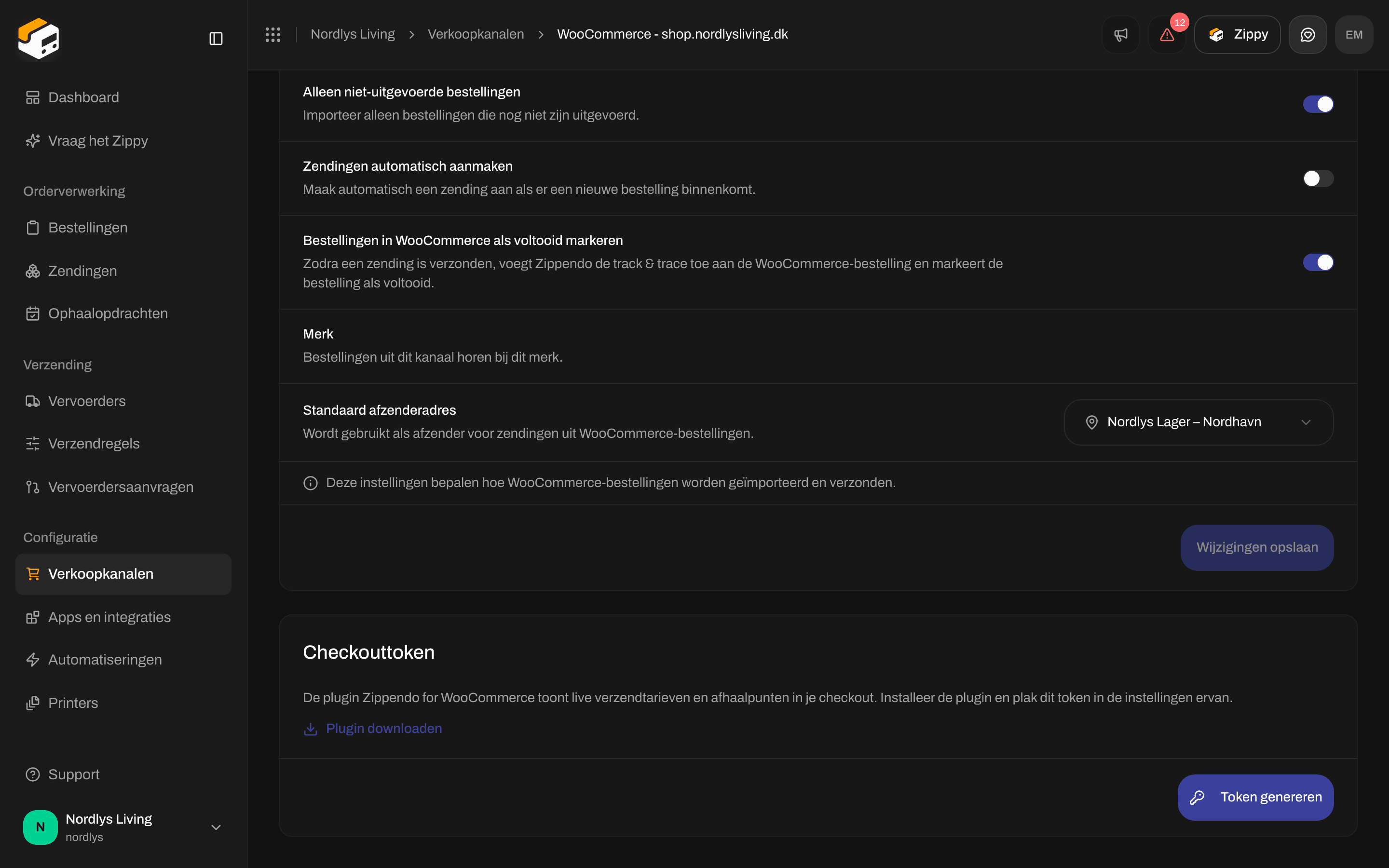 Tabblad Bestellingen en checkout van WooCommerce met schakelaars voor het synchroniseren van bestellingen, Merk en Standaard afzenderadres