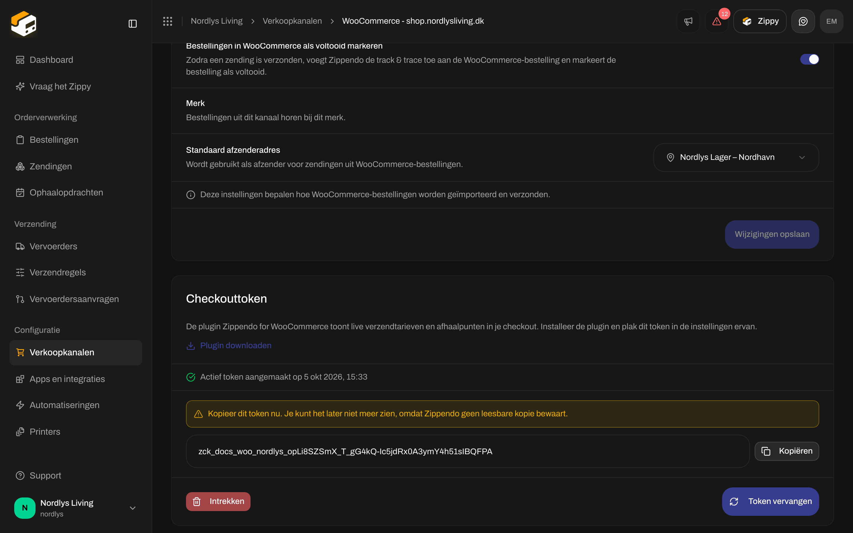 Kaart Checkouttoken met de eenmalige waarschuwing, het token, Kopiëren, Intrekken en Token vervangen