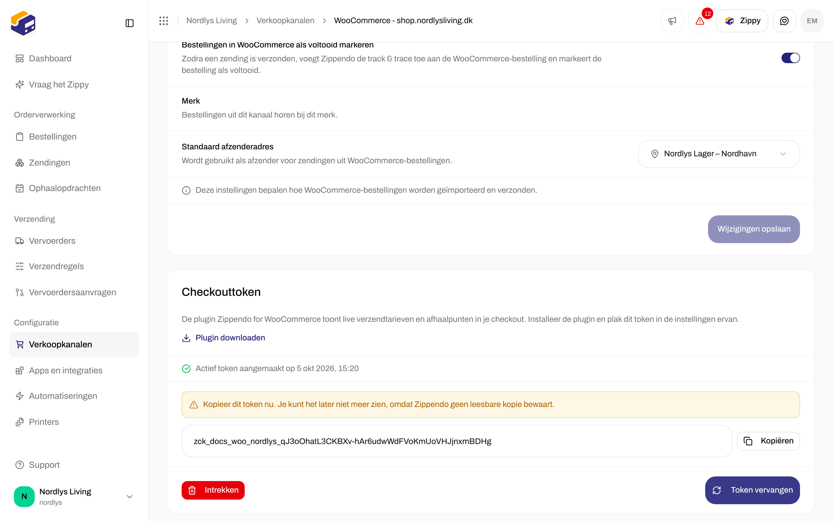 Kaart Checkouttoken met de eenmalige waarschuwing, het token, Kopiëren, Intrekken en Token vervangen