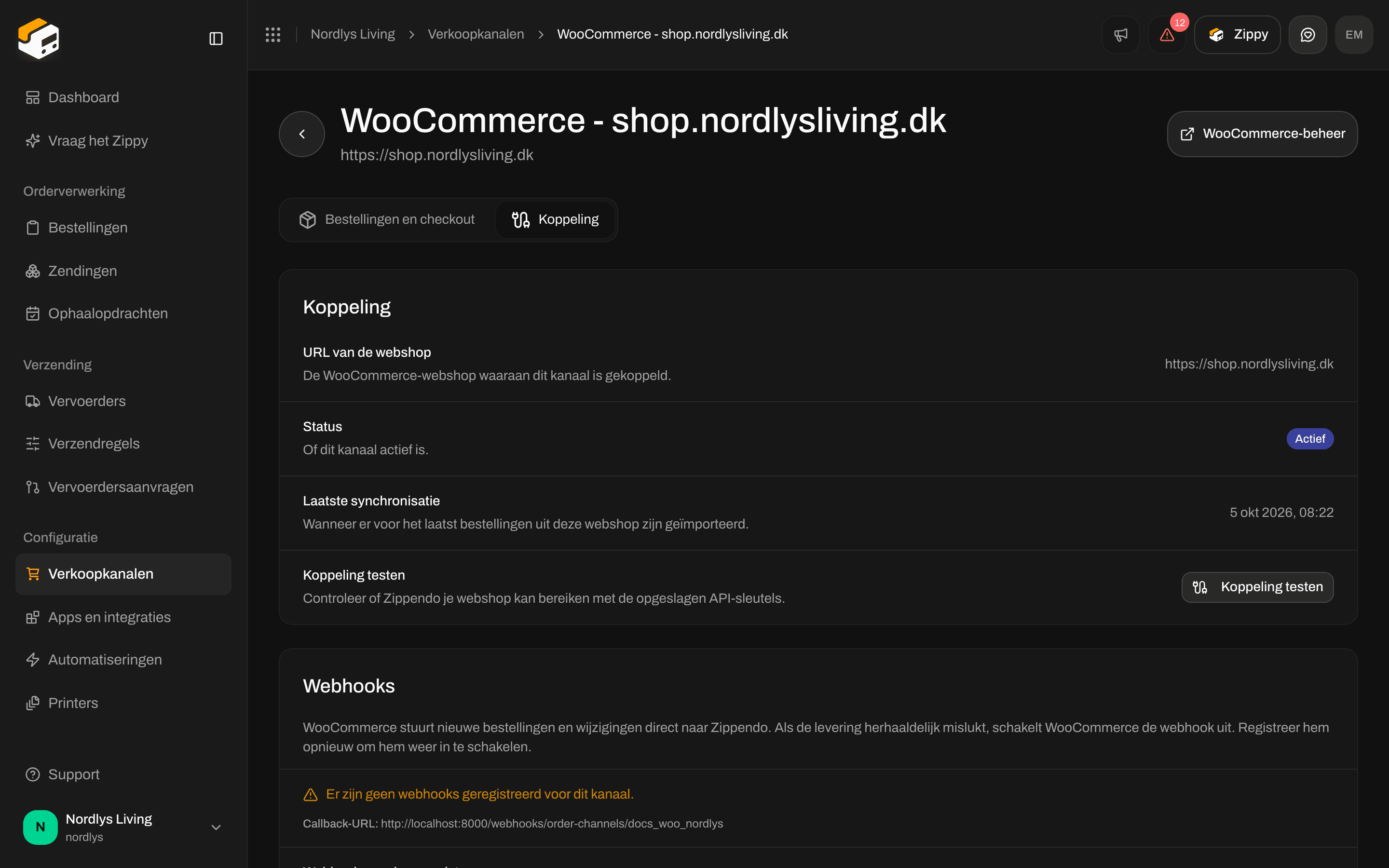 Tabblad Koppeling van WooCommerce met URL van de webshop, Status, Laatste synchronisatie en Koppeling testen