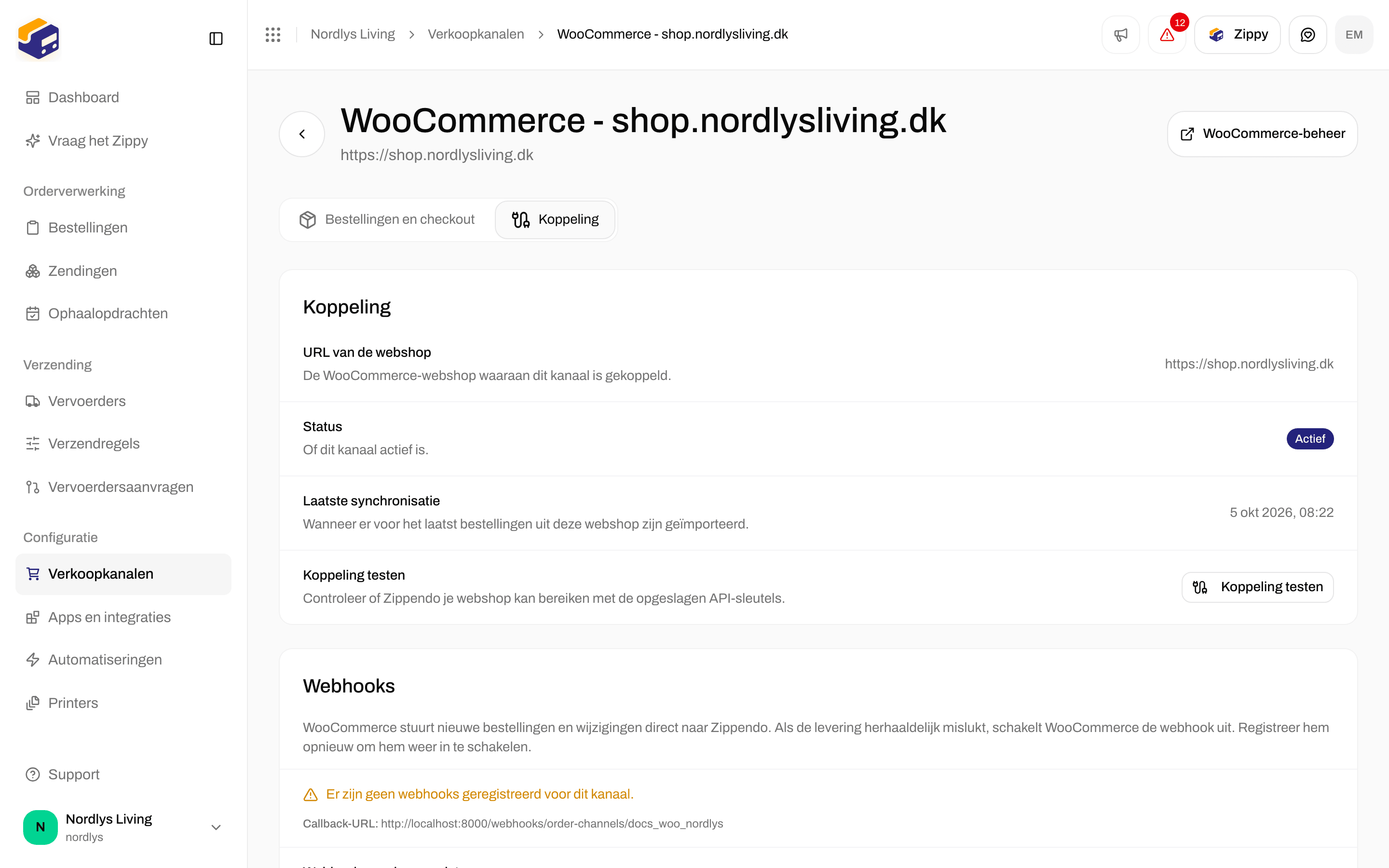 Tabblad Koppeling van WooCommerce met URL van de webshop, Status, Laatste synchronisatie en Koppeling testen