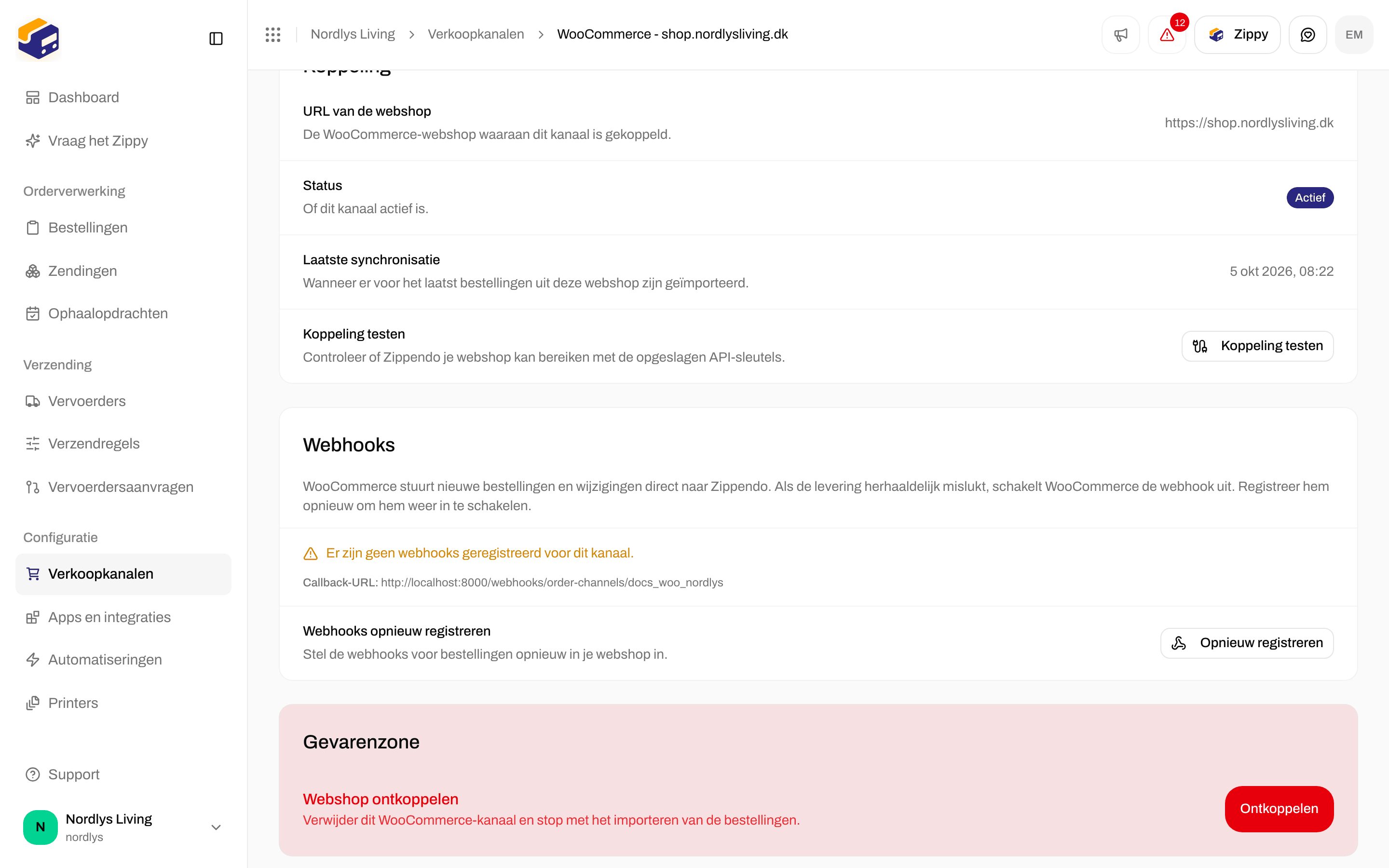 Kaart Webhooks met de lijst met webhooks, de callback-URL en Opnieuw registreren
