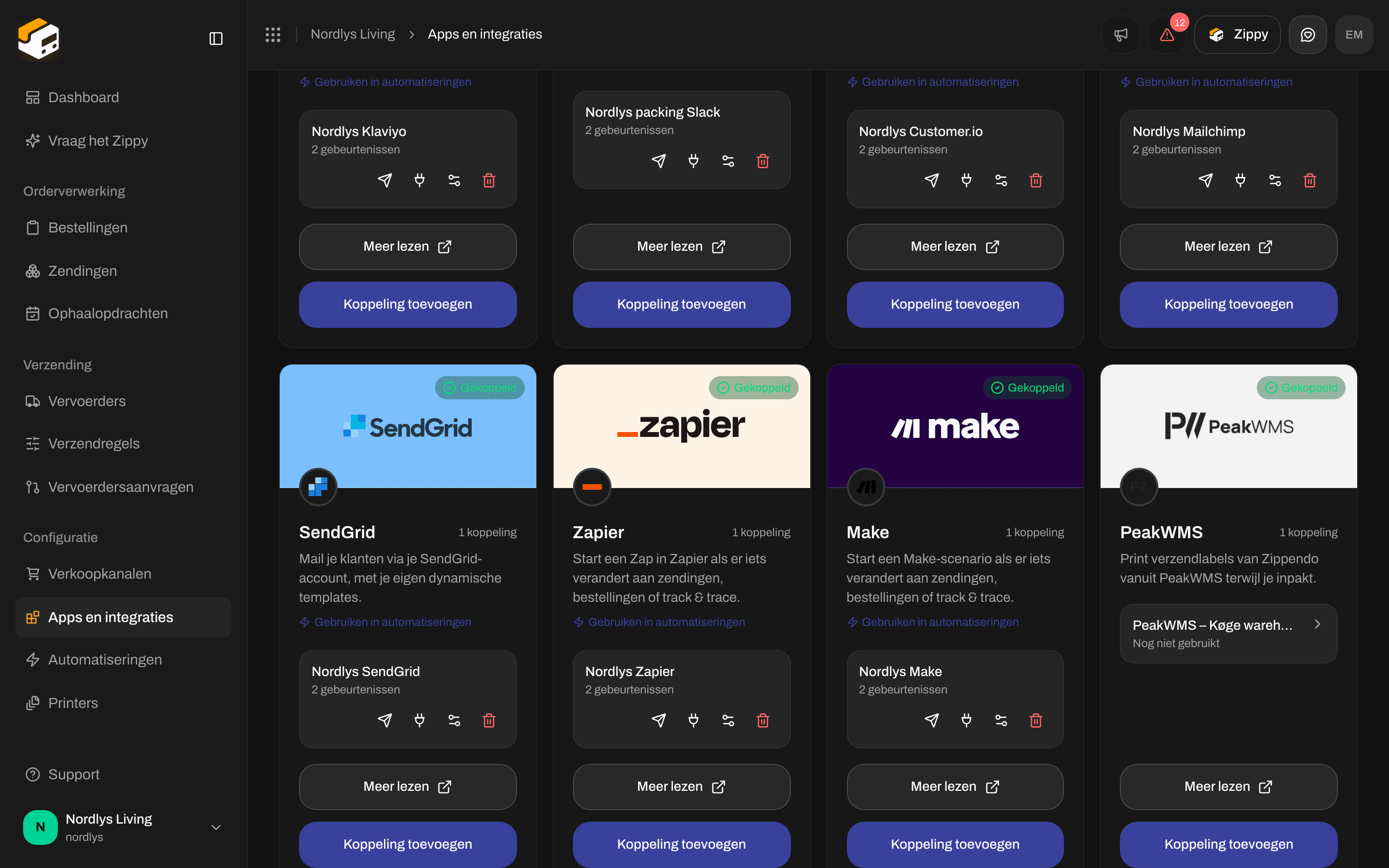 Tabblad Gekoppeld met een Zapier-koppeling en de symbolen voor testen, afleverlog, bewerken en verwijderen