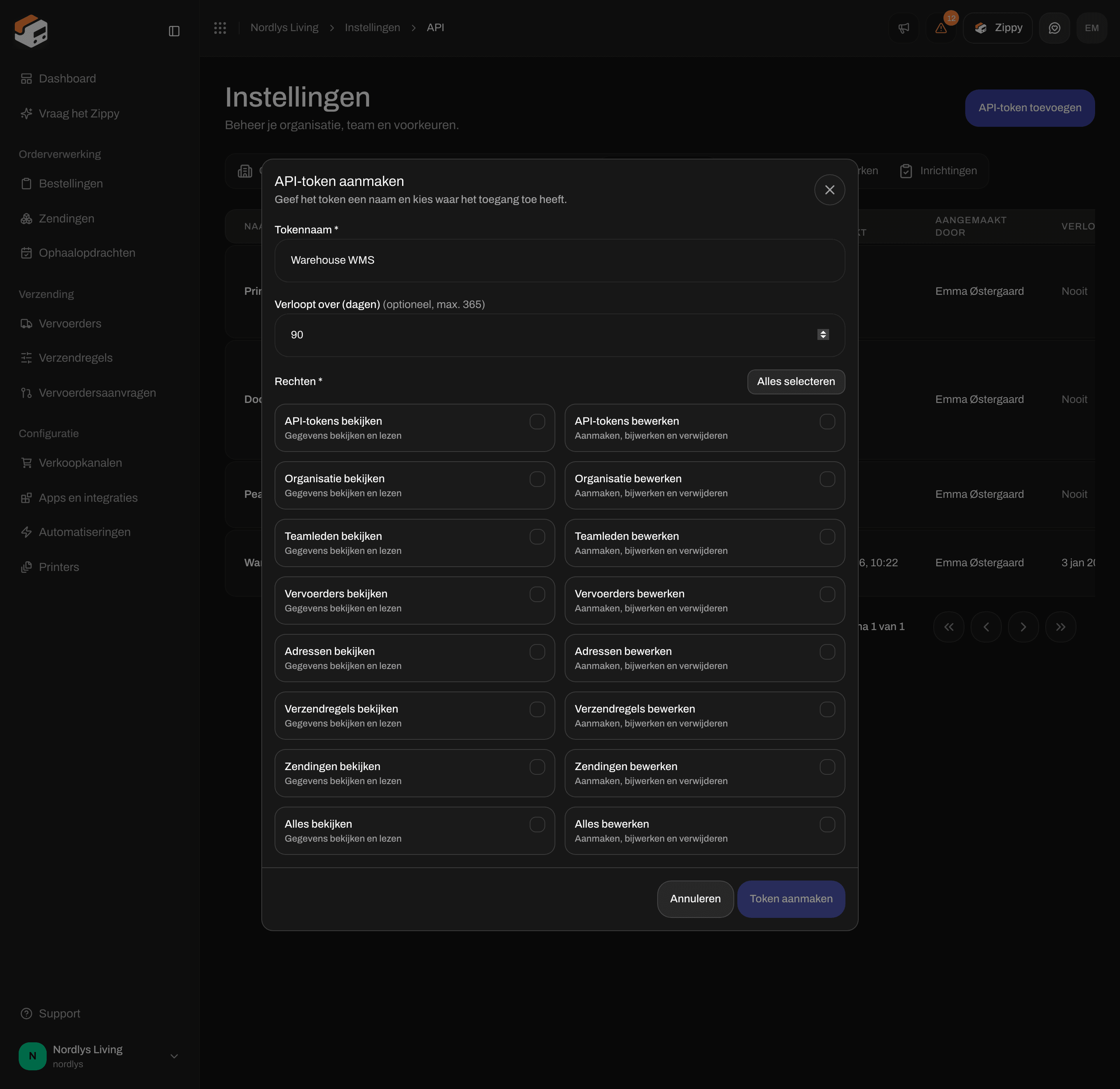 Venster API-token aanmaken met Tokennaam, Verloopt over (dagen) en selectievakjes voor rechten