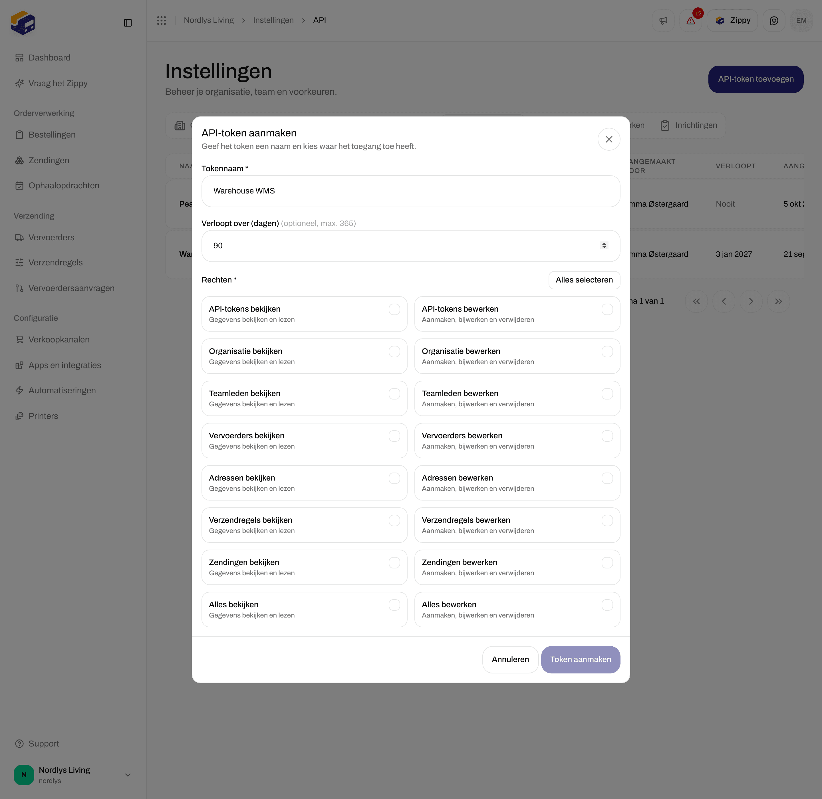 Venster API-token aanmaken met Tokennaam, Verloopt over (dagen) en selectievakjes voor rechten