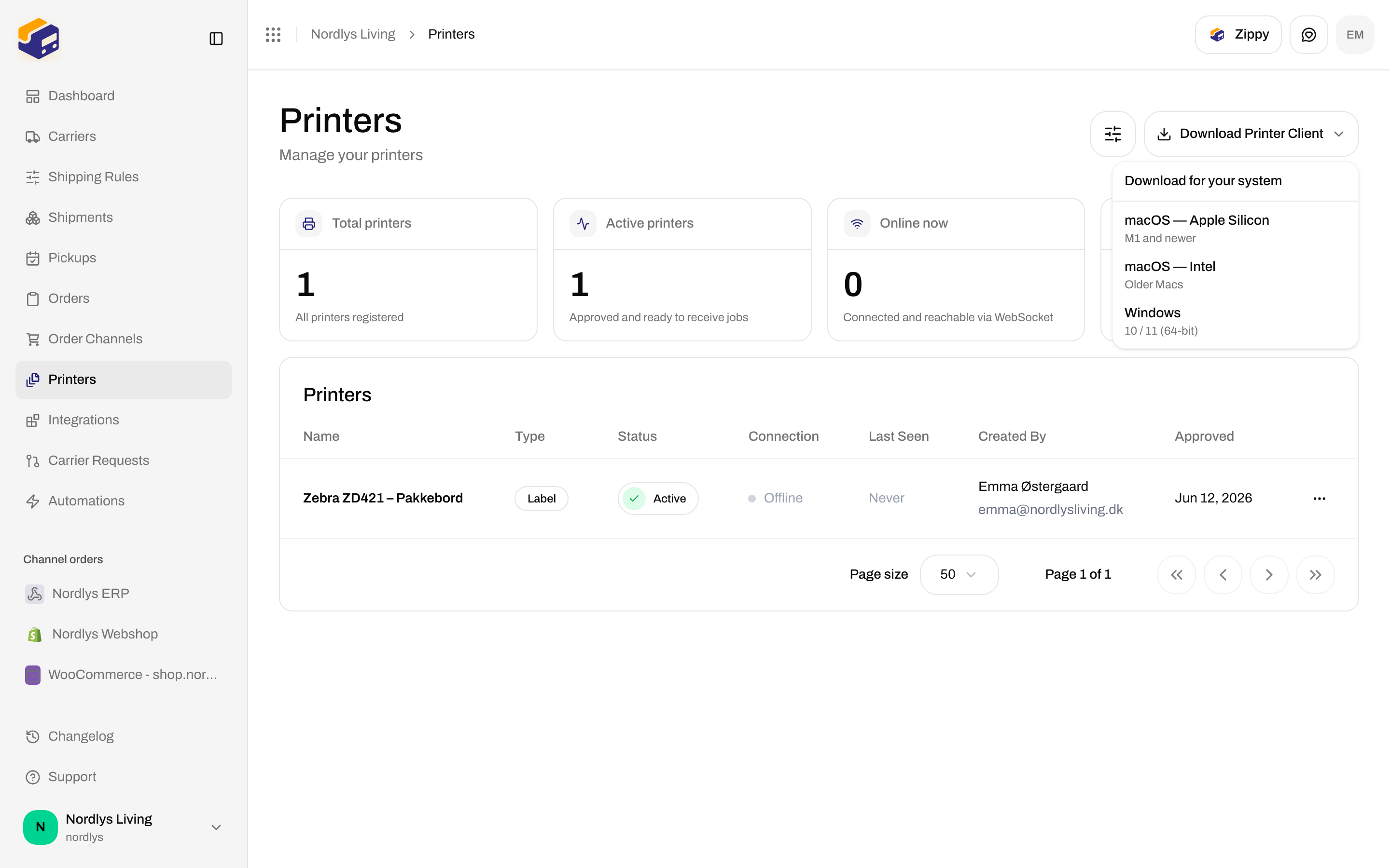 Download Printer Client menu with macOS Apple Silicon, macOS Intel, and Windows installers