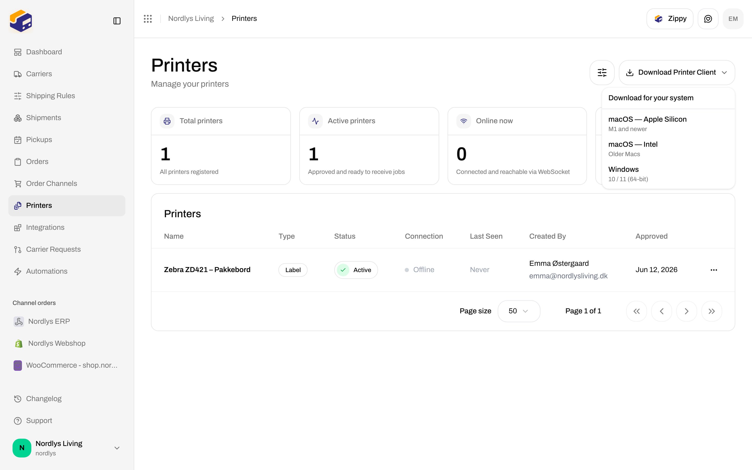 Download Printer Client menu with macOS Apple Silicon, macOS Intel, and Windows installers