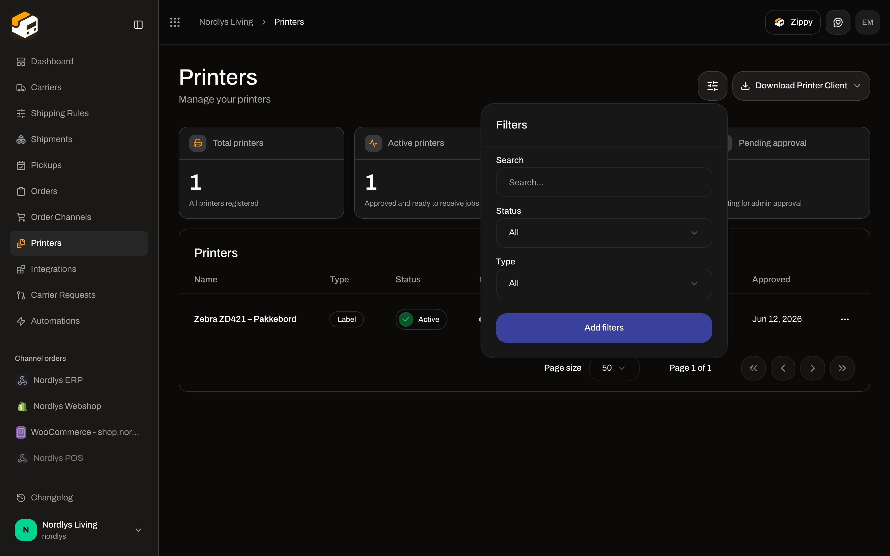 Printers filter popover with Search, Status, and Type fields